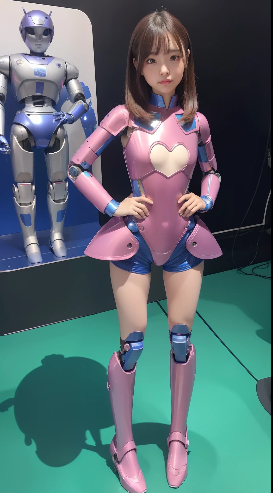 Magi Blue and Magi Pink . Latex costume. Leotard. Black costume. Pink metallic. Silver tights. Thick legs. Looking up. Sit down. Spread legs. Peace sign. Blue Heart crystal on crotch. Helmet. Erect nipples. Restrained by chains.