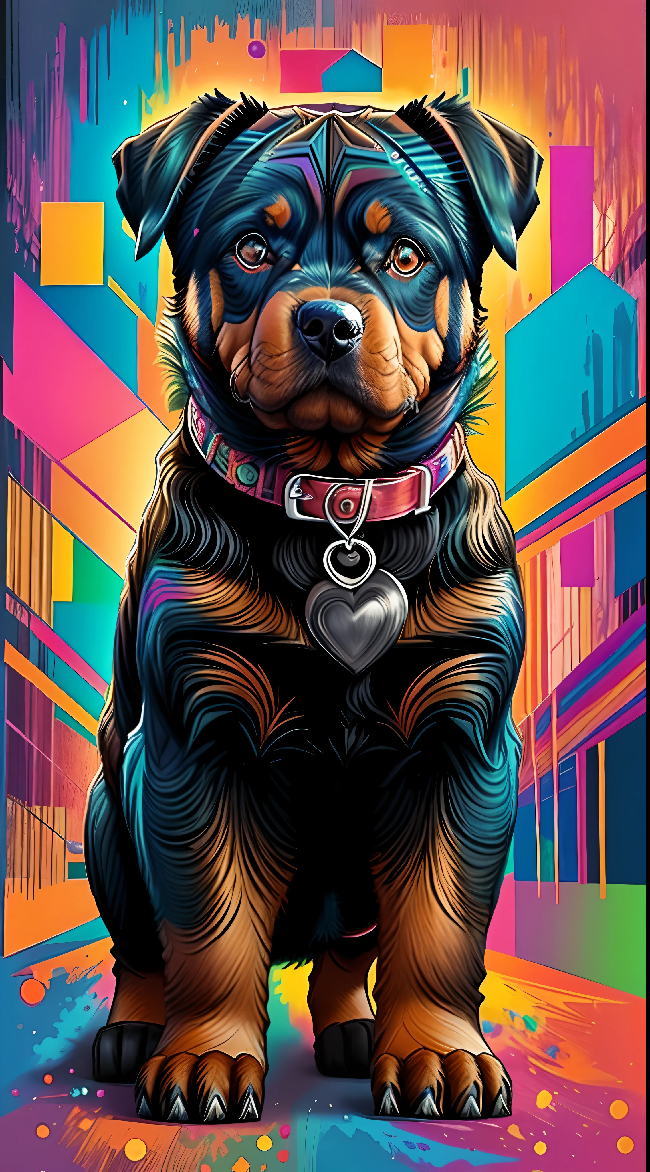 (Cachorro Rottweiler   ),(melhor pose),(best angle), (better expression), Eduardo Kobra acolchoamento ,multidimensional geometric wall PORTRAIT, arte, Chibi,
Yang08k, lindo, Colouring,
Primary works, qualidade superior, melhor qualidade, Arte Oficial, Beautiful and Aesthetic, pelos coloridos,