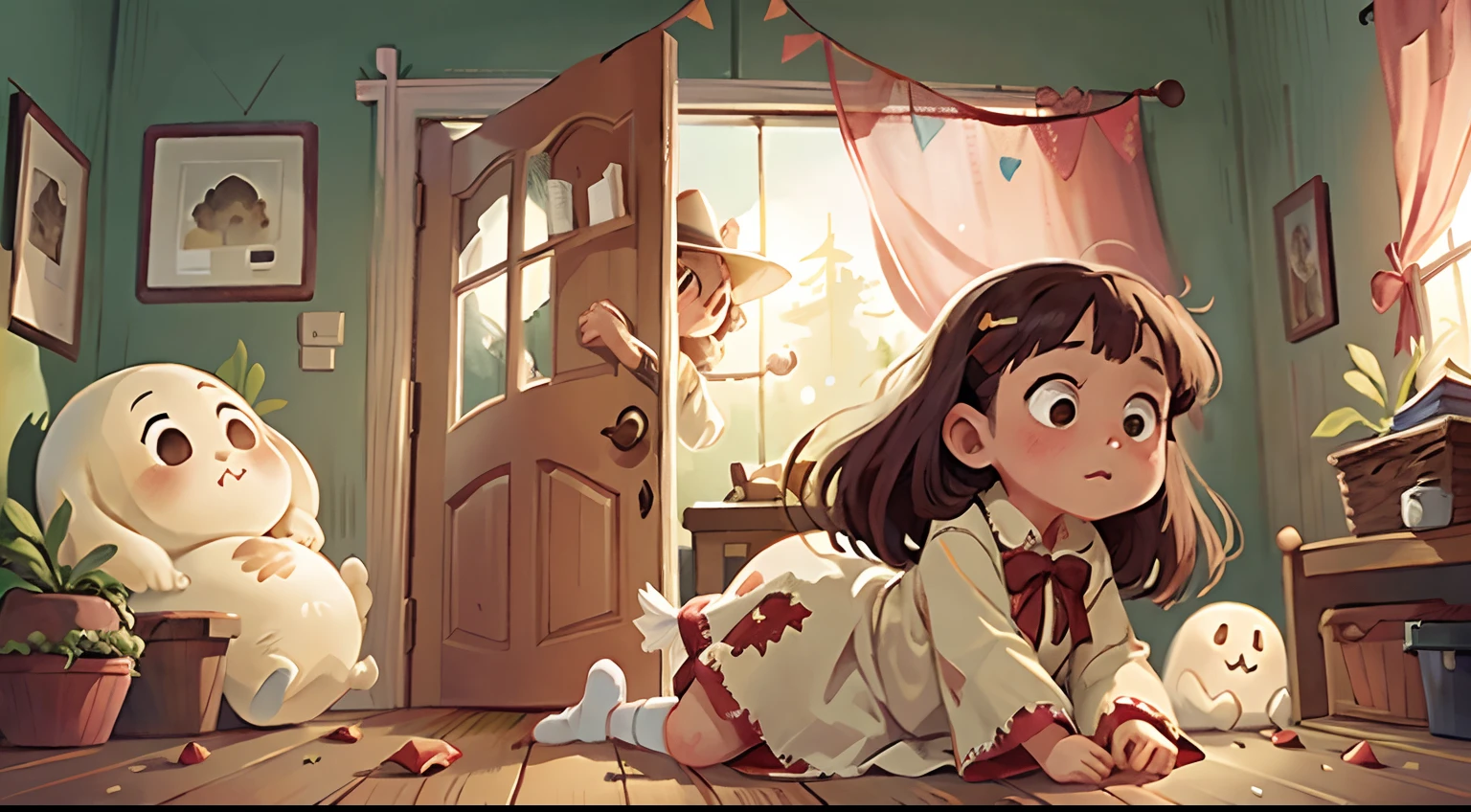 Two large ghosts lay on the door
