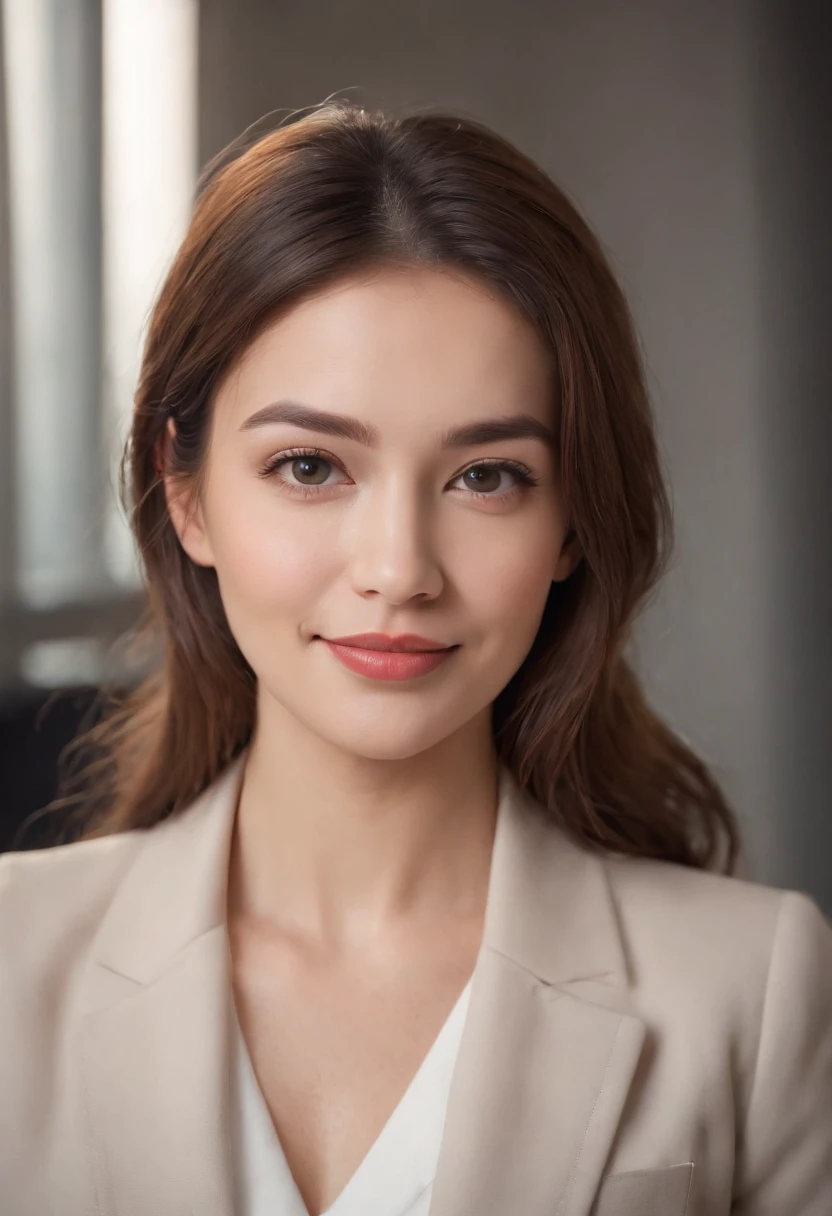 Cinematic portrait, Upper body, Smiling, Facing the audience, (reality :1.3), A woman looks at the camera, Put on an office career suit, Detailed beautiful face, Action shooting, office backdrop, The character is centered，Realistic photos, Art Station