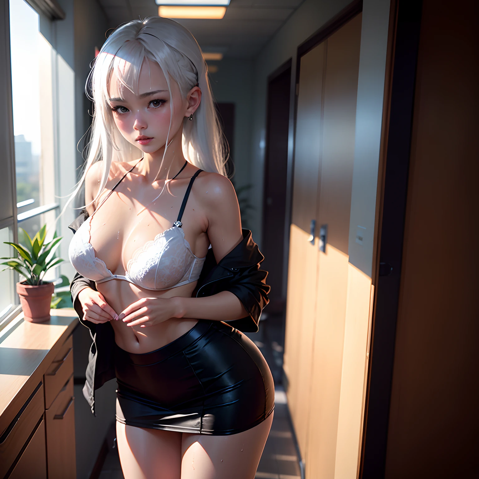 Portrait of a beautiful 18-year-old it teen, white hair, firm breasts, gorgeous Chinese, peach lace bra, black miniskirt, waiting, ( private office, warm light: 1.2), sweat dripping, hot and sweaty, glistening skin, blush, wet shirt, upper body shot, intimate portrait