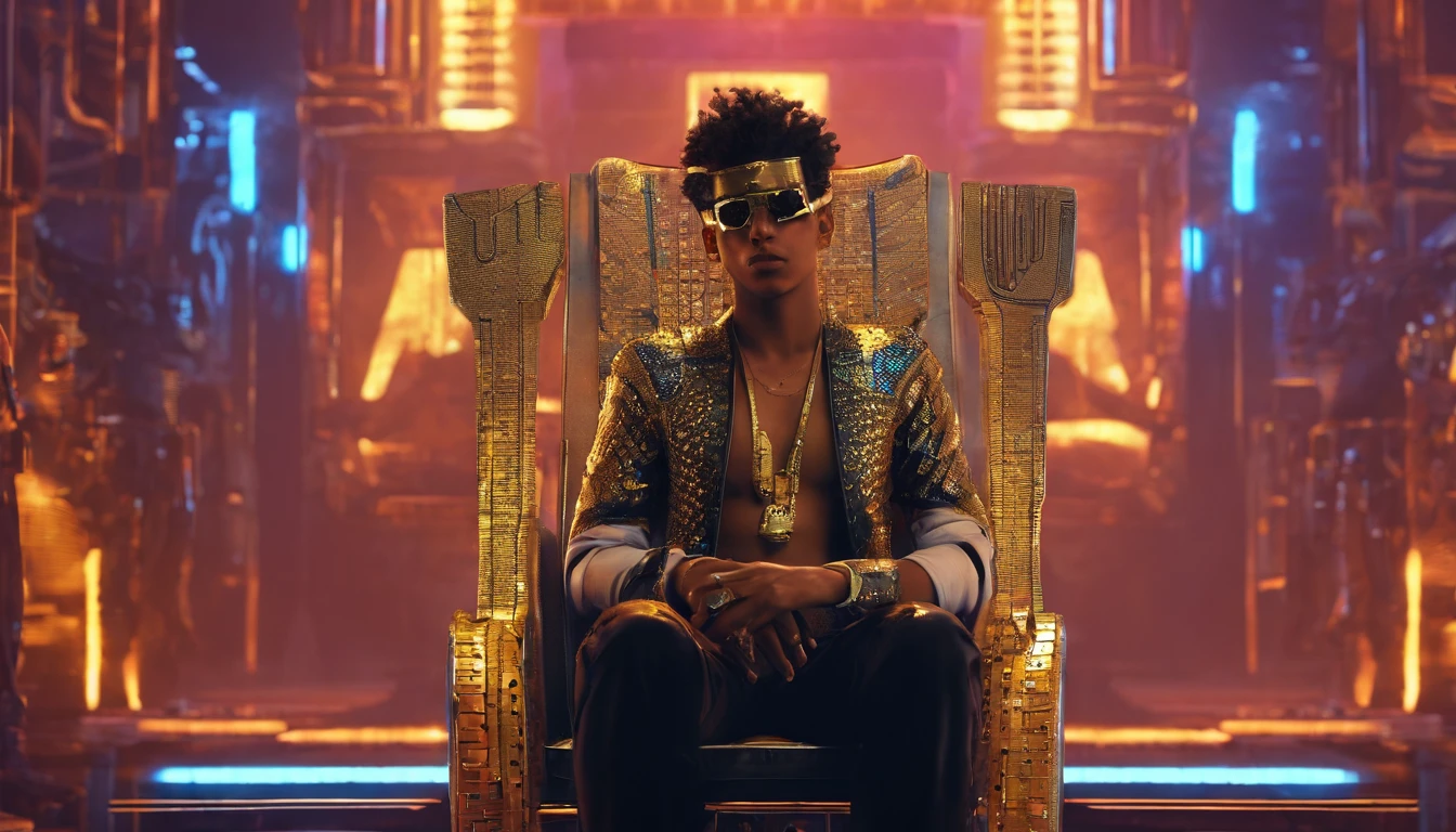 Photorealistic depiction of a -yeld Egian prince, resembling an actual person, dressed in the iconic attire of Pharaoh Tutankhamun. He sits with regal posture, and the environment around him reflects the opulence of an ancient Egyptian royal chamber, complete with detailed decorations and artifacts. We can see his beautiful lags, he sits un a seductive position. Superb Quality, Masterpiece, High Resolution, Hair Accessories, Necklace, Jewelry, Handsome, 8K UHD, DSLR, Soft Light, High Quality, Volume Lighting