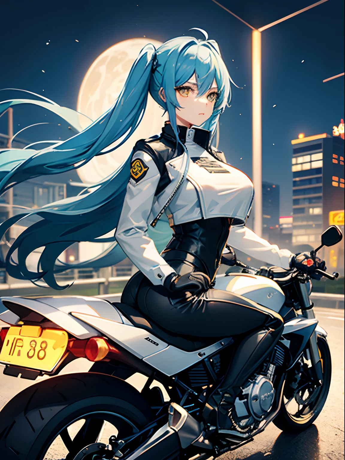 Long Hair, Twintail, Light Blue Hair, Yellow Eyes, Big Boobs, Bikers White Shirt, Bikers Black Jacket, Tight Black Jeans, Racing Motorcycle, Nighttime, Holding A Helmet, Wearing Black Gloves