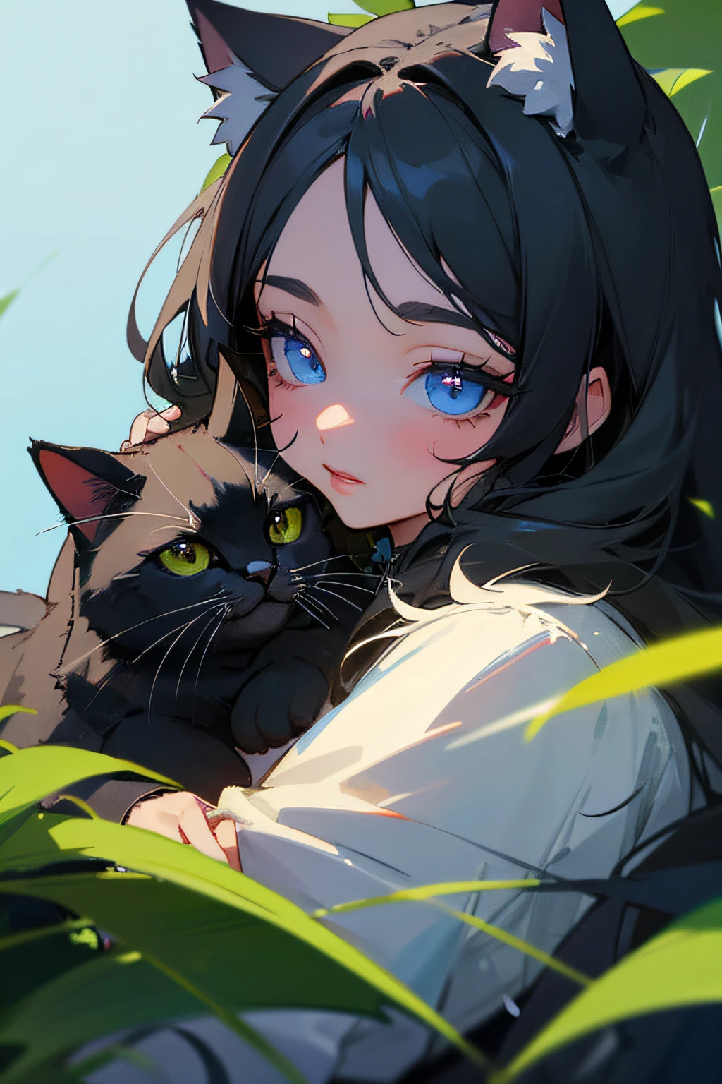 (hight resolution,Masterpiece:1.2),Vivid colors,beautiful detail eyes,beautiful detailed lips,long eyelashes,black coat,fluffy fur,cute expression,Feline Grace,Let's move on to the camera,on a blue background,Greenery and plants on stage