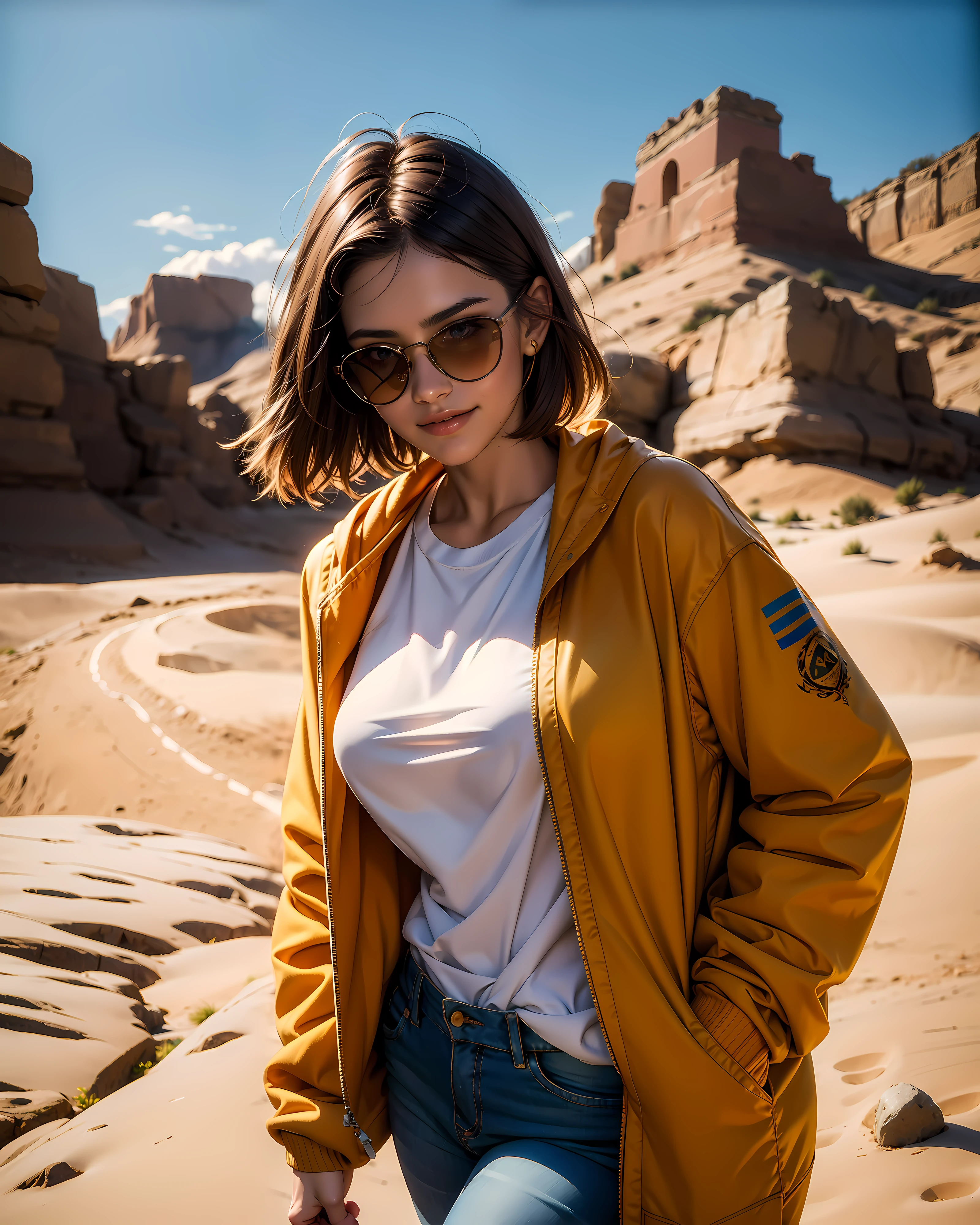 ((Best quality)), ((masterpiece)), ((realistic)), ((Best quality)), ((masterpiece)), ((realistic)), Girl walking in desert, looking tired, wearing Loose-fitting clothing Long-sleeved shirts and pants, Headgear, Sunglasses, very beautiful, in a natural and casual style on eye level, scenic, masterpiece, (highres), original, extremely detailed 8K , (photorealistic:1.4),flawless face, perfect eyes,symmetrica body shape,smile,