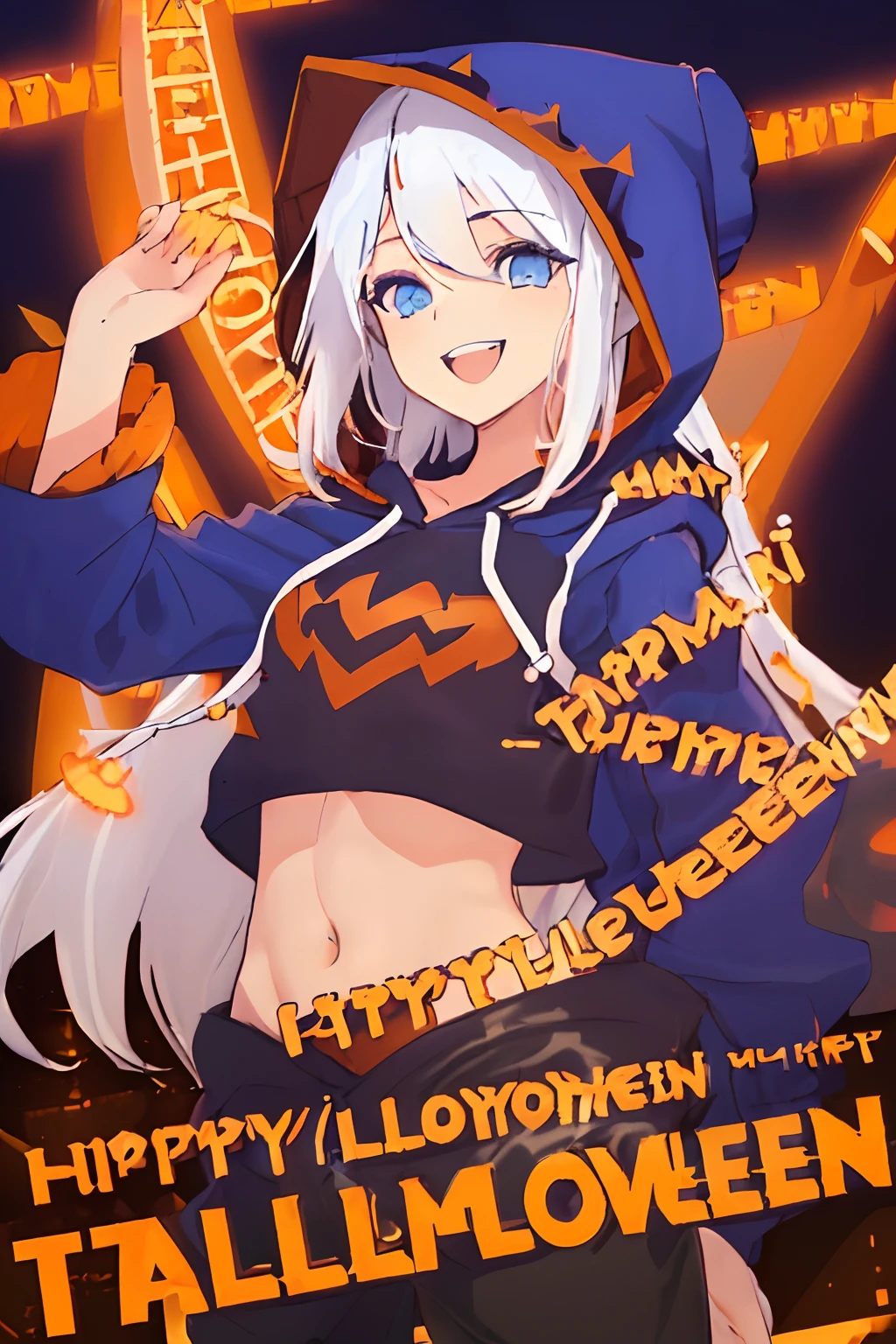 ((((1 girl)))), ((((solo)))), fullbody, ((((white hair)))), long hair, ((((blue eyes)))), happy, smile, 18 year old, dynamic angle, (((wearing a pumpkin halloween costume))), loose parka, ((((hood up)))), (((midriff peek))), standing in Halloween cosplay parade a night , in tokyo