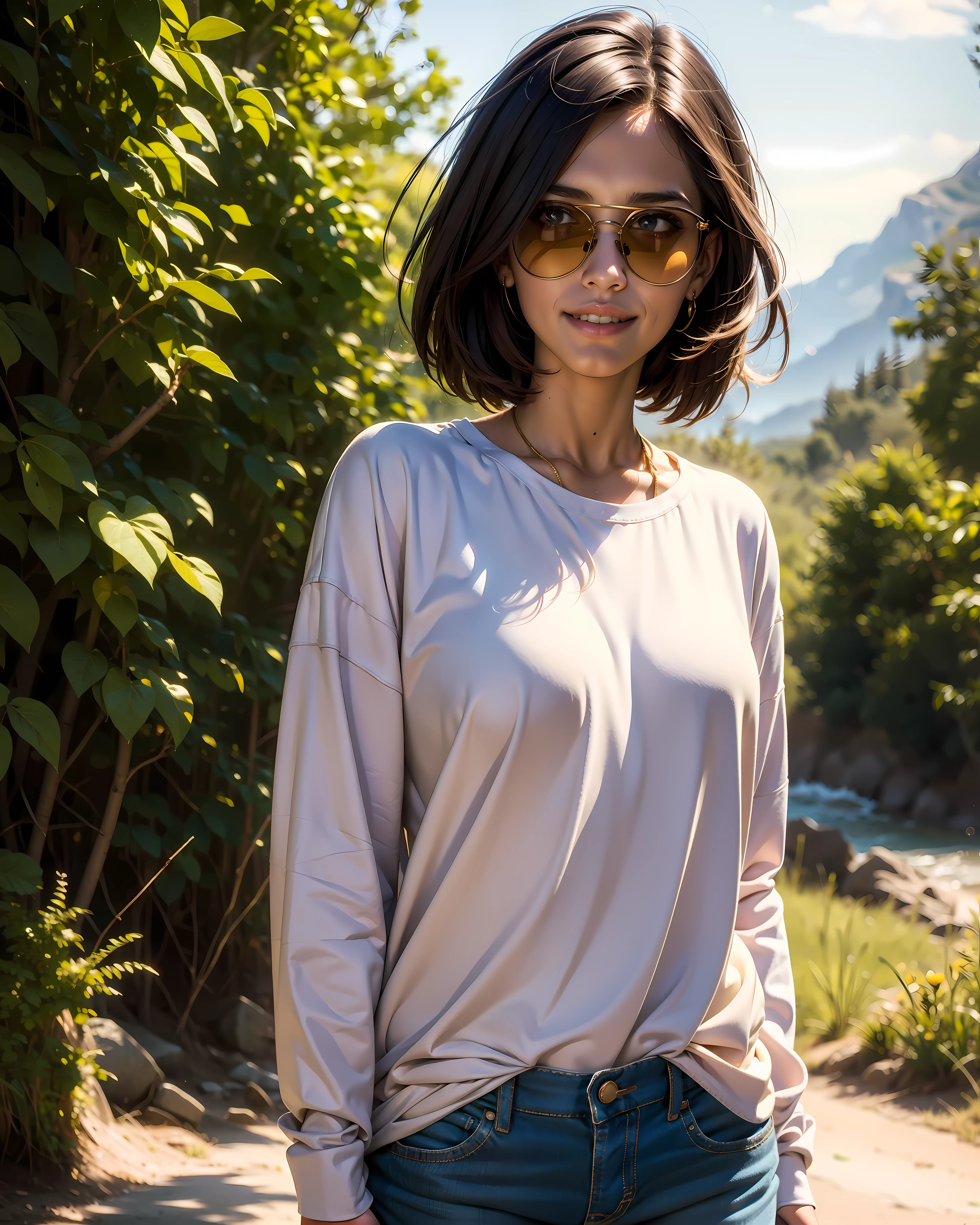 ((Best quality)), ((masterpiece)), ((realistic)), ((Best quality)), ((masterpiece)), ((realistic)), Girl walking in desert, looking tired, wearing Loose-fitting clothing Long-sleeved shirts and pants, Headgear, Sunglasses, very beautiful, in a natural and casual style on eye level, scenic, masterpiece, (highres), original, extremely detailed 8K , (photorealistic:1.4),flawless face, perfect eyes,symmetrica body shape,smile,