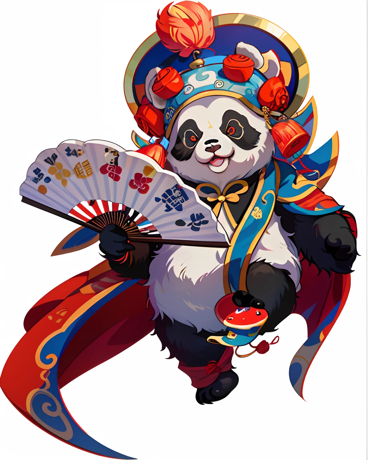 A cute Chinese panda holding a fan，with a chef's hat，clean backdrop，Natural light，8K，3Drenderingof，