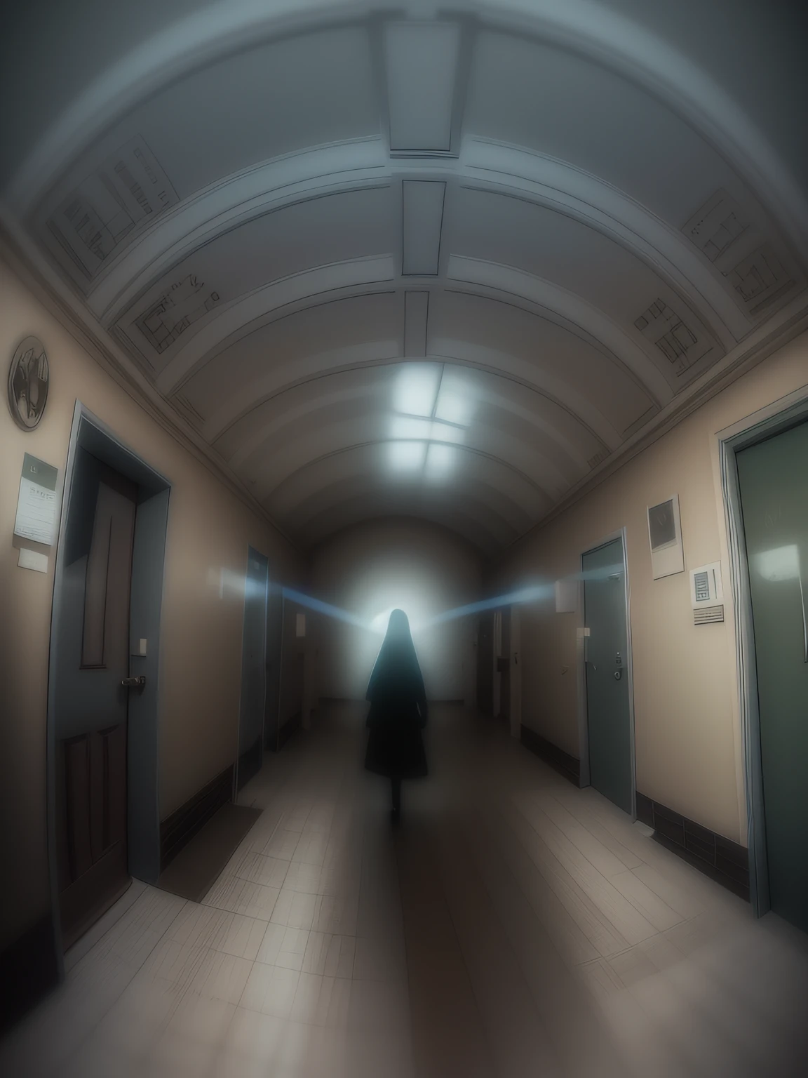 «» Chilling photorealistic images of ghostly apparitions captured by low-resolution hospital security cameras in dimly lit corridors. The scene is set in an old and creepy hospital, Lights flicker、The paint on the wall is peeling. The apparition appears as a translucent figure with a faint glow, Floating eerily on the floor. That anxious existence is、Leaving a sense of anxiety and mystery. Lighting should be low, The grainy quality of the camera is、Adds to the suspenseful atmosphere. Shots should be close-up, Capture unforgettable details of apparitions and spooky environments. Camera lens: Fisheye lens for distorted and anxious perspective. resolution: Low resolution to enhance the sense of the unknown.»»