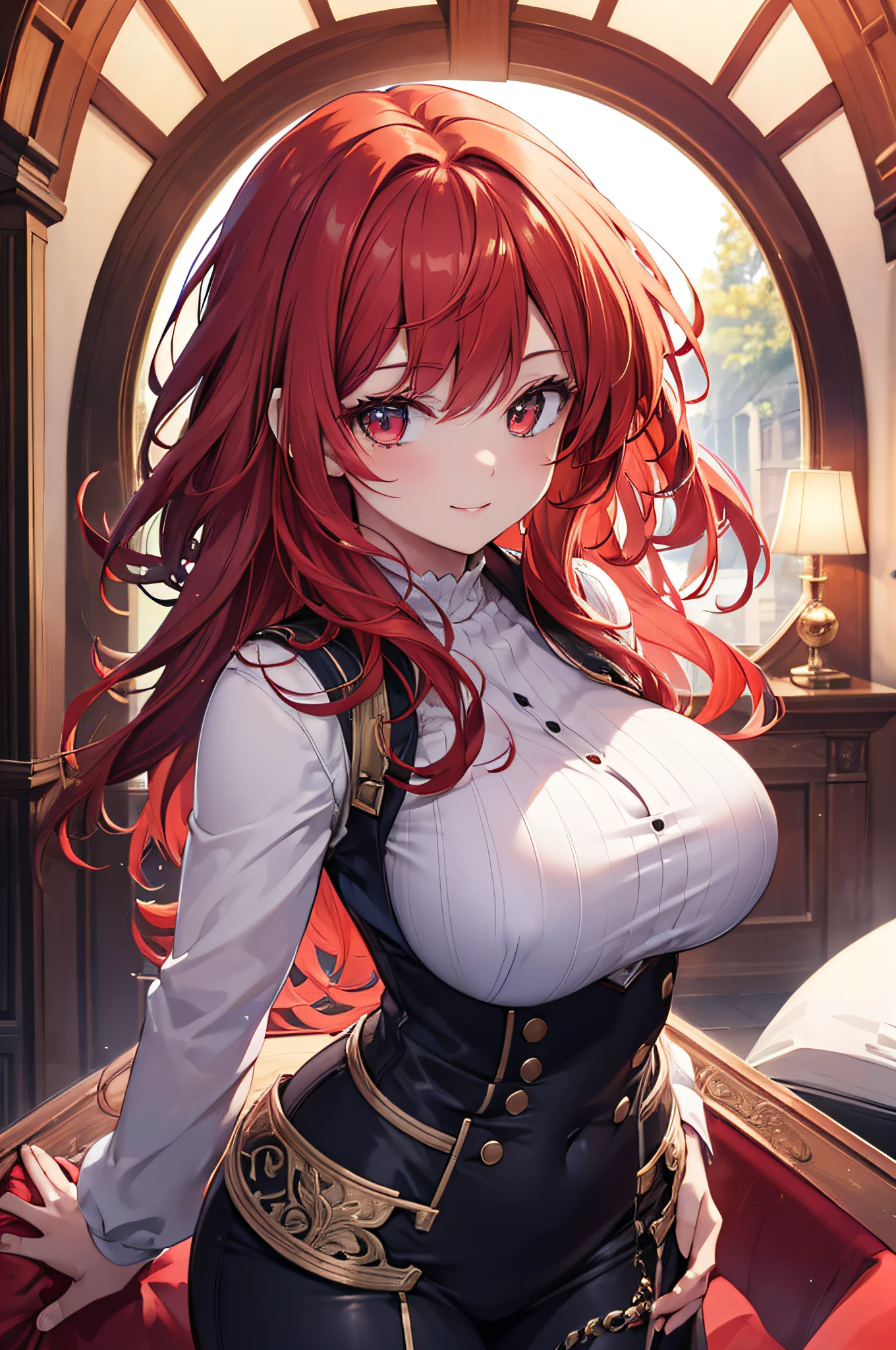 Best Quality, High resolution, Ultra-detailed, Accurate depiction of light reflections, Detailed beautiful face, Detailed smile, Detailed red hair, Solo, Dynamic Pose, Red effect,tits out,