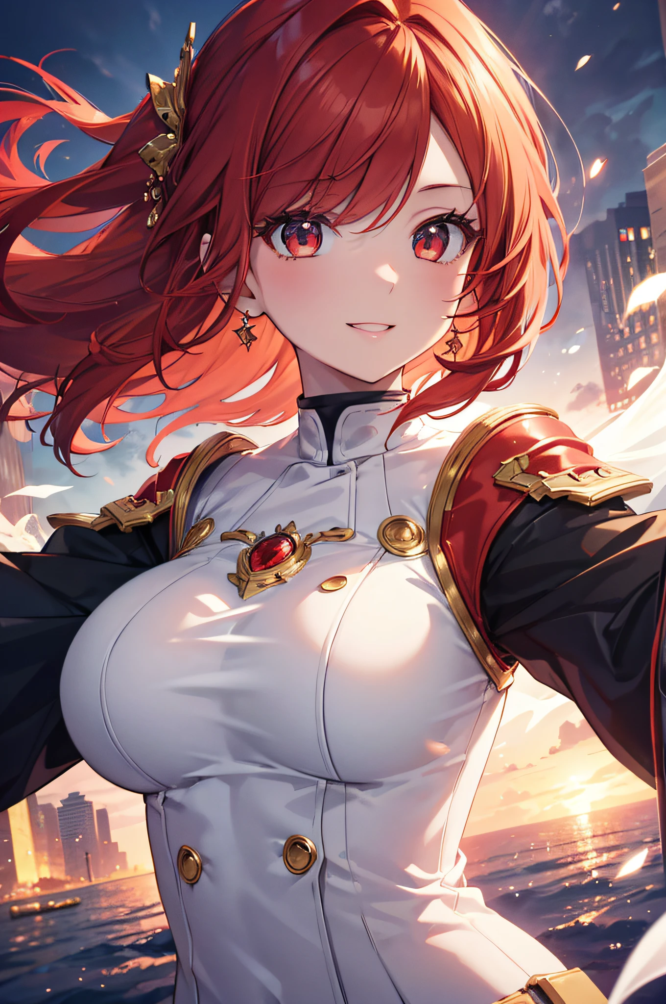Best Quality, High resolution, Ultra-detailed, Accurate depiction of light reflections, Detailed beautiful face, Detailed smile, Detailed red hair, Solo, Dynamic Pose, Red effect,tits out,