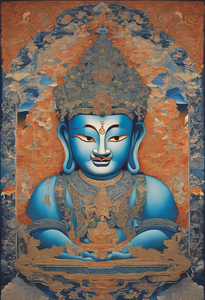 A painting of a man in blue sitting on a misty ground, an ultrafine detailed painting by Kanō Tan'yū, Flickr, cloisonne, tibetanthangkas, Thangka, tibetan painting, narasimha, puṣkaracūḍa, asura from chinese myth