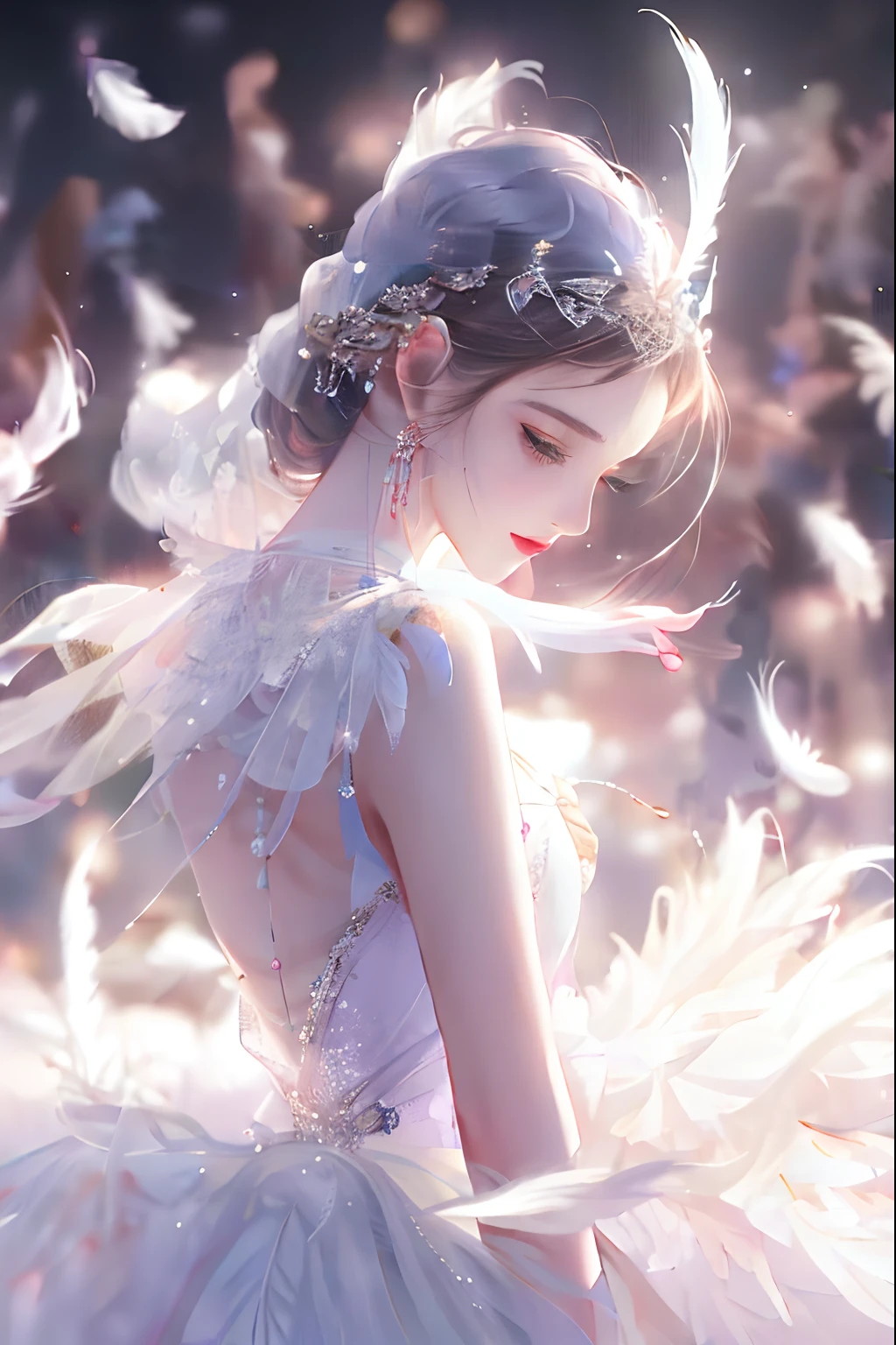 There is a woman in white dress,Feathers fly around, of an beautiful angel girl, Beautiful digital artwork, Ethereal beauty, beautiful angel, beautiful angel, beautiful digital art, beautiful gorgeous digital art, trending on cgstation, girl with feathers, by Yang J, fantasy beautiful, Very Beautiful Digital Art, beautiful fantasy art, Guviz, Beautiful young wind spirit