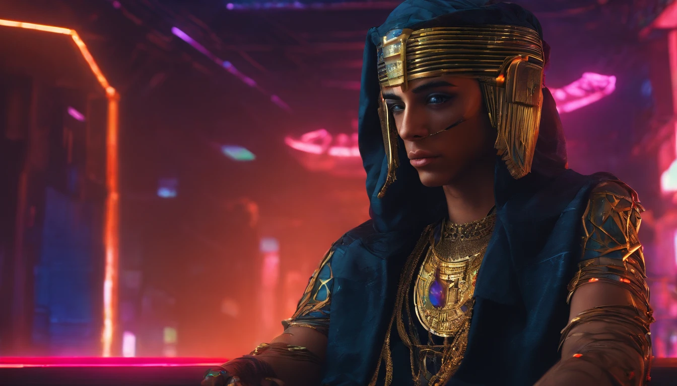 Photorealistic depiction of a 15-year-old Egyptian prince, resembling an actual person, dressed in the iconic attire of Pharaoh Tutankhamun. He sits with regal posture, and the environment around him reflects the opulence of an ancient Egyptian royal chamber, complete with detailed decorations and artifacts. We can see his beautiful lags, he sits un a seductive position. Superb Quality, Masterpiece, High Resolution, Hair Accessories, Necklace, Jewelry, Handsome, 8K UHD, DSLR, Soft Light, High Quality, Volume Lighting
