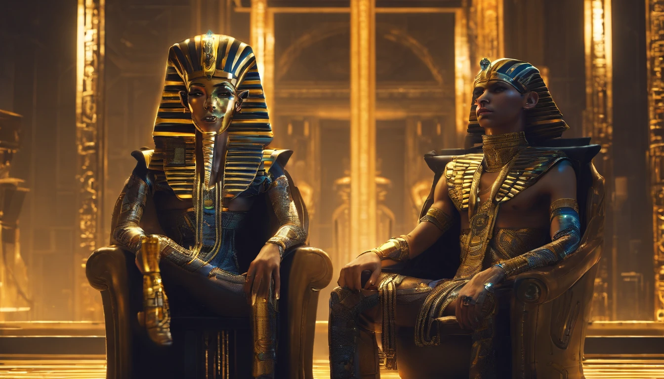 Photorealistic depiction of a 15-year-old Egyptian prince, resembling an actual person, dressed in the iconic attire of Pharaoh Tutankhamun. He sits with regal posture, and the environment around him reflects the opulence of an ancient Egyptian royal chamber, complete with detailed decorations and artifacts. We can see his beautiful lags, he sits un a seductive position. Superb Quality, Masterpiece, High Resolution, Hair Accessories, Necklace, Jewelry, Handsome, 8K UHD, DSLR, Soft Light, High Quality, Volume Lighting