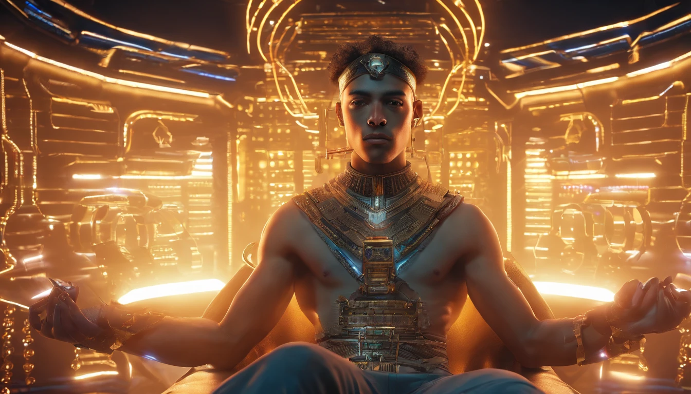 Photorealistic depiction of a 15-year-old Egyptian prince, resembling an actual person, dressed in the iconic attire of Pharaoh Tutankhamun. He sits with regal posture, and the environment around him reflects the opulence of an ancient Egyptian royal chamber, complete with detailed decorations and artifacts. We can see his beautiful lags, he sits un a seductive position. Superb Quality, Masterpiece, High Resolution, Hair Accessories, Necklace, Jewelry, Handsome, 8K UHD, DSLR, Soft Light, High Quality, Volume Lighting