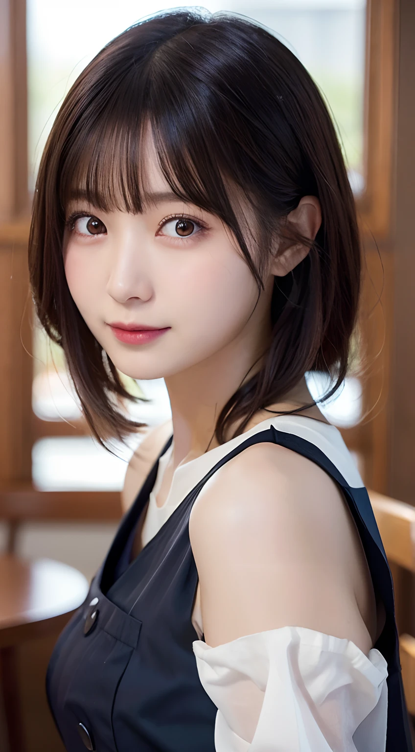 (top-quality,​masterpiece:1.3,超A high resolution,),(ultra-detailliert,Caustics),(Photorealsitic:1.4,RAW shooting,)Ultra-realistic capture,A highly detailed,High resolution 16K human skin closeup。 Skin texture is natural、,The pores are、Must be detailed enough to be easy to identify。 Skin should look healthy with even tones。 Use natural light and color,resturant,Waitress uniform,女の子1人,japanes,18year old,kawaii,A dark-haired,Middle hair,(large boob:1.2),smil,Turn your body to the front,(front-facing view:1.2),Looking at the camera,Bust-up shot:1.1,boob focused:1.1,Chest close-up:1.1
