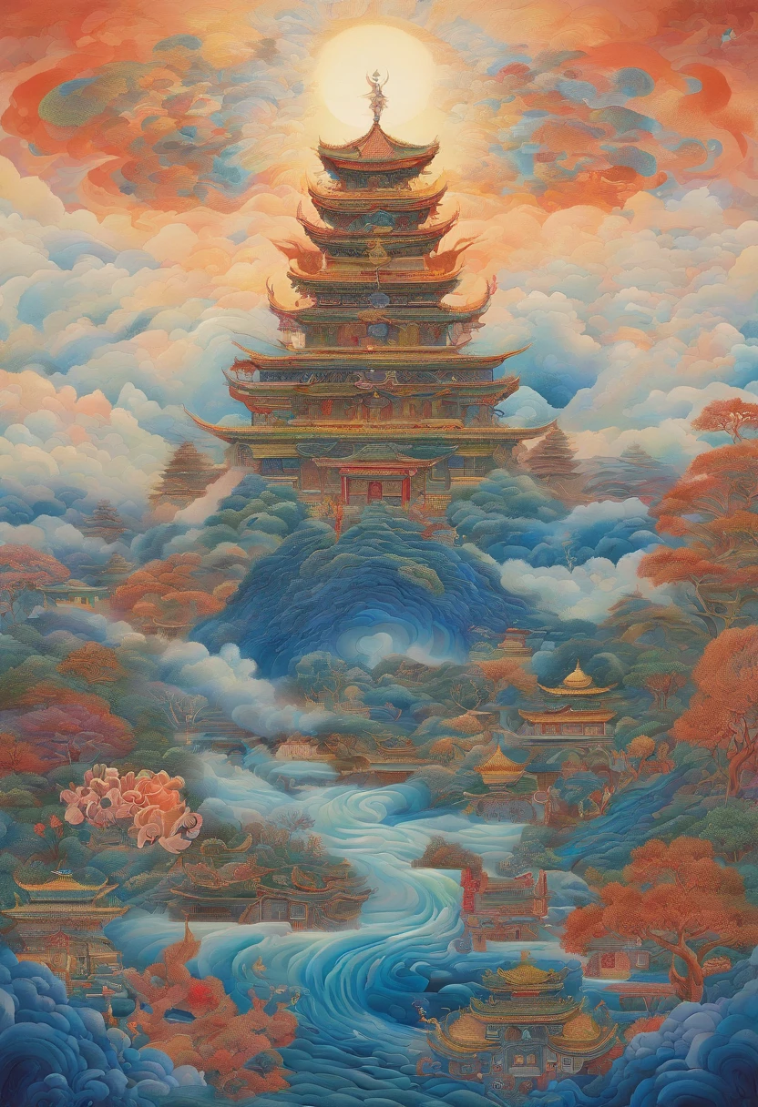 A painting of a man in blue sitting on a misty ground, an ultrafine detailed painting by Kanō Tan'yū, Flickr, cloisonne, tibetanthangkas, Thangka, tibetan painting, narasimha, puṣkaracūḍa, asura from chinese myth