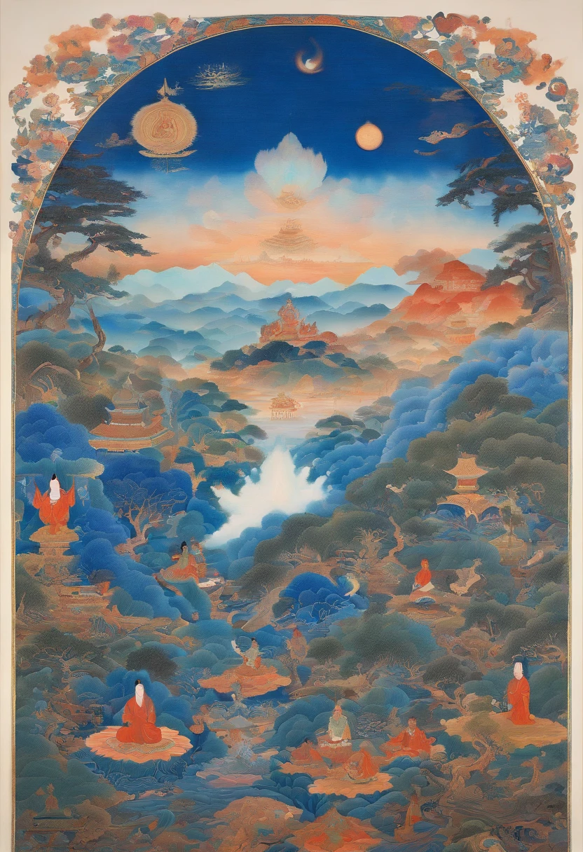 A painting of a man in blue sitting on a misty ground, an ultrafine detailed painting by Kanō Tan'yū, Flickr, cloisonne, tibetanthangkas, Thangka, tibetan painting, narasimha, puṣkaracūḍa, asura from chinese myth