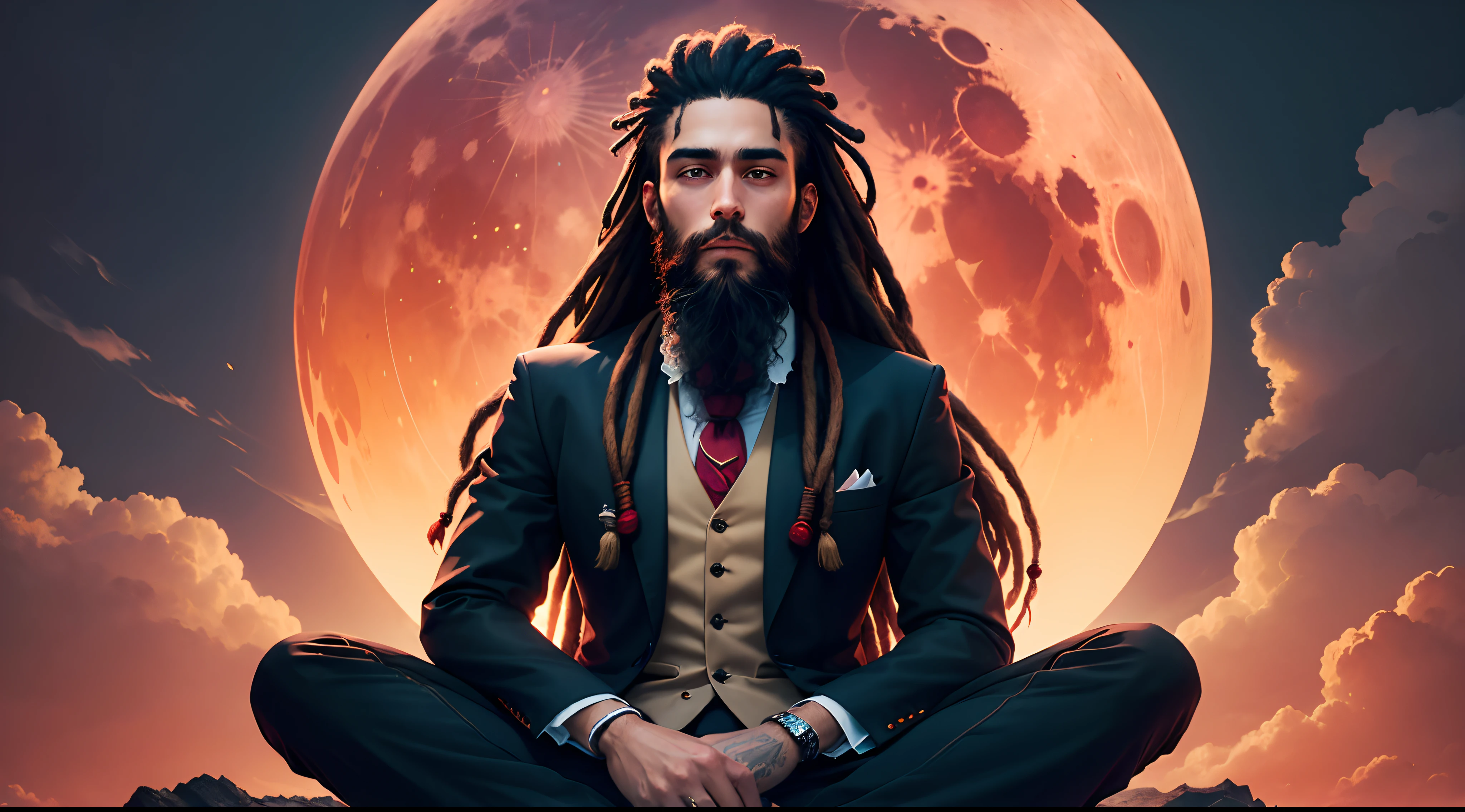 a man with long beard and dreadlock hair, looking at the front , wearing suit , meditating, in the sky , red moon , clouds