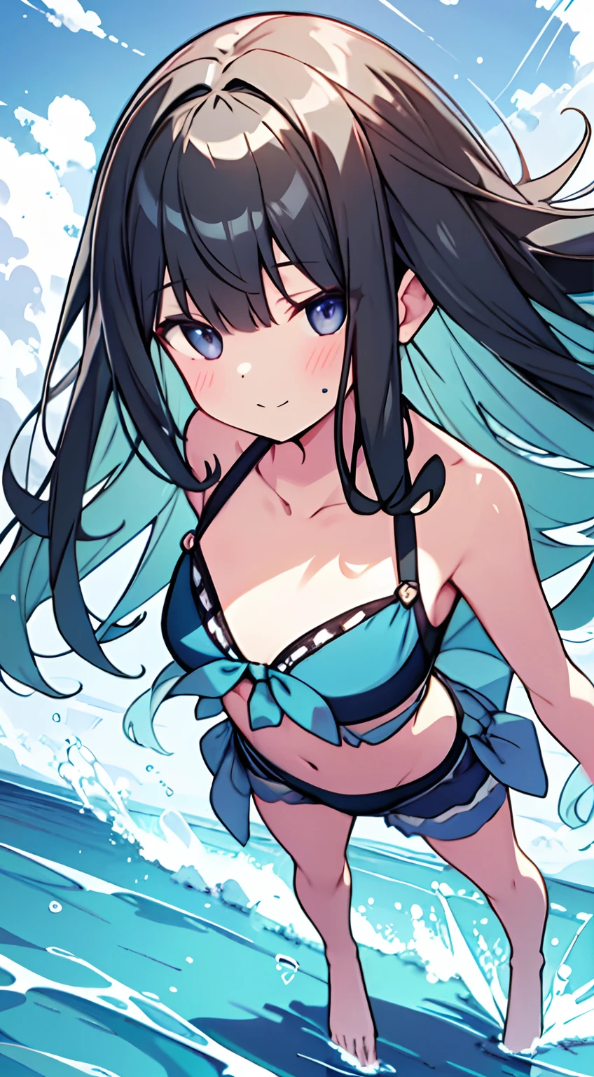 masuter piece, Best Quality,32K、Wallpaper, ultra -detail, Absurd beauty, 1beautiful girl、Big crisp eyes、Hair fluttering in the wind、Slender legs、Smaller head、miscievous smile、Angle looking down from above:1.3、♡♡♡、(Poses in motion)、The bikini、swimming pools:1.3、ample breasts