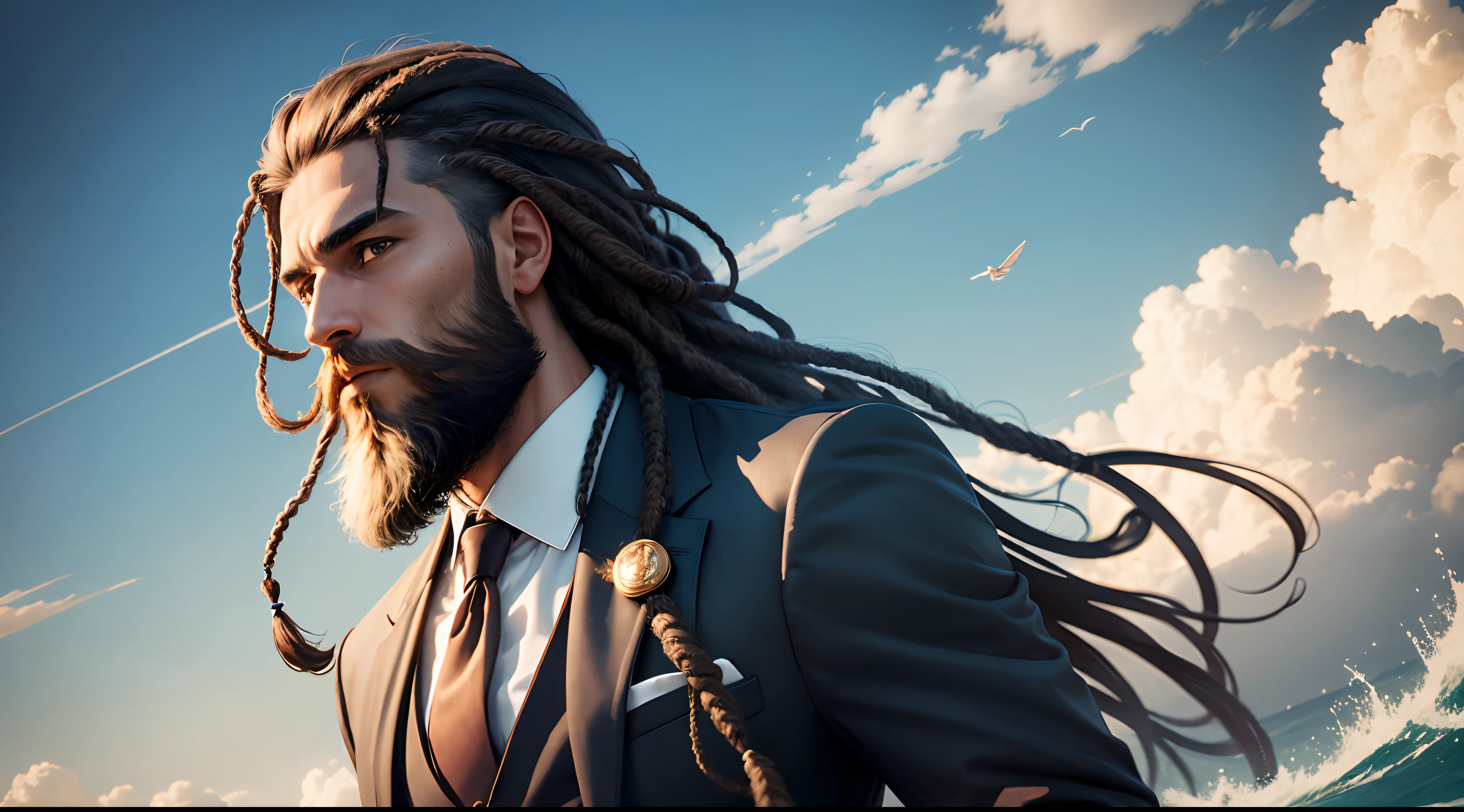 a man with long beard and dreadlock hair, wearing suit , floating in the sky