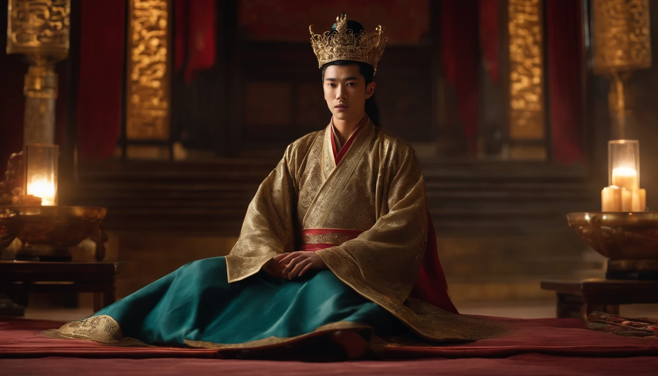 Photorealistic depiction of a -yeld Annt Chinese prince, resembling an actual person, dressed in the iconic attire of asian sexual dress. He sits with regal posture, and the environment around him reflects the opulence of an ancient China royal chamber, complete with detailed decorations and artifacts. We can see his beautiful naked lags, he sits un a seductive position. Superb Quality, Masterpiece, High Resolution, Hair Accessories, Necklace, Jewelry, Handsome, 8K UHD, DSLR, Soft Light, High Quality, Volume Lighting