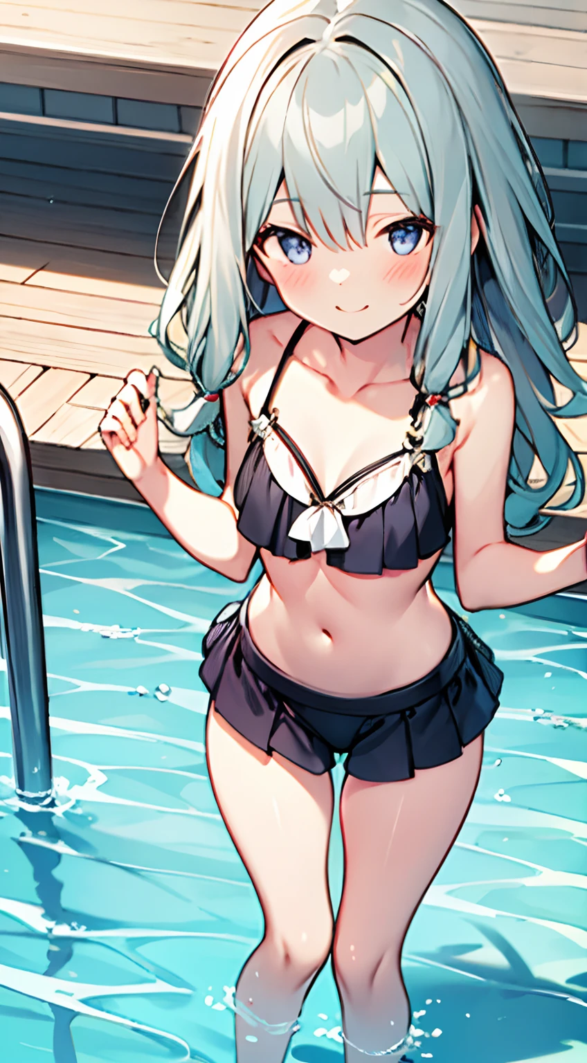 masuter piece, Best Quality,32K、Wallpaper, ultra -detail, Absurd beauty, 1beautiful girl、Big crisp eyes、Hair fluttering in the wind、Slender legs、Smaller head、miscievous smile、Angle looking down from above:1.3、♡♡♡、(Poses in motion)、The bikini、swimming pools:1.3、ample breasts