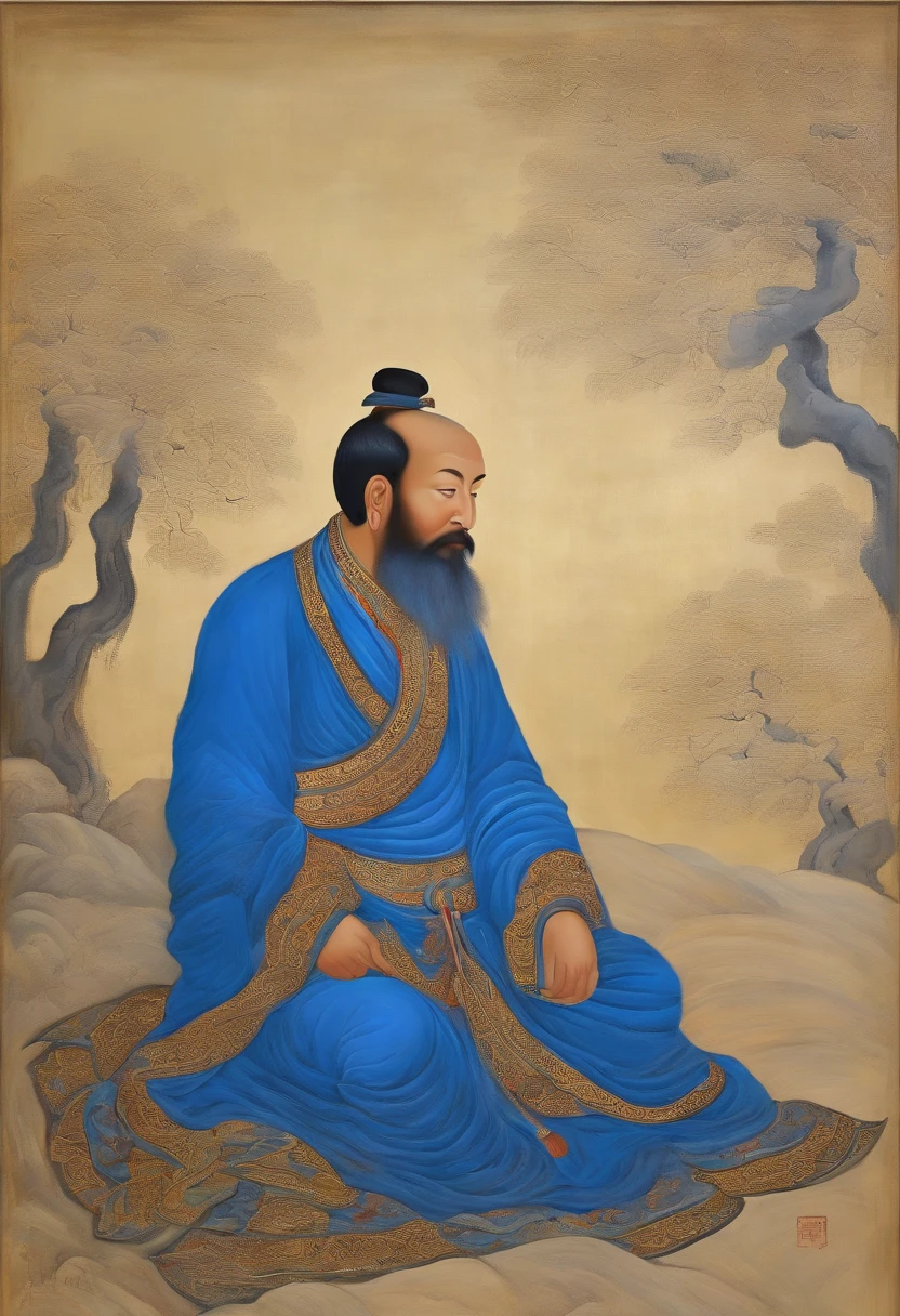 A painting of a man in blue sitting on a misty ground, an ultrafine detailed painting by Kanō Tan'yū, Flickr, cloisonne, tibetanthangkas, Thangka, tibetan painting, narasimha, puṣkaracūḍa, asura from chinese myth