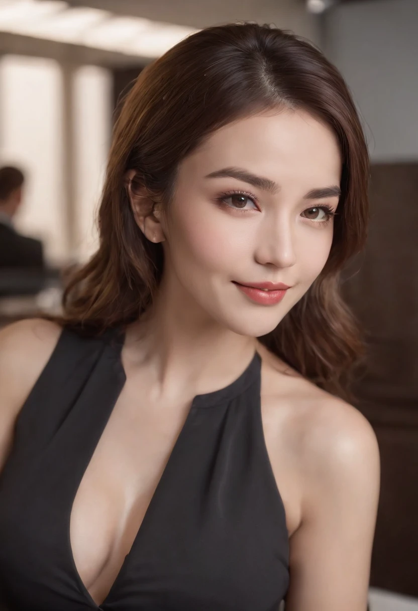 Cinematic portrait, desk , Smiling, Facing the audience, (reality :1.3), A woman looks at the camera, Put on an office career suit, Detailed beautiful face, Action shooting, office backdrop, The character is centered,Realistic photos, Art Station(C-cup breasts:1.0),Black suit,(cleavage 1.2),Wavy hair,cinmatic lighting:1.2, 8K, High-density imaging,Master masterpieces