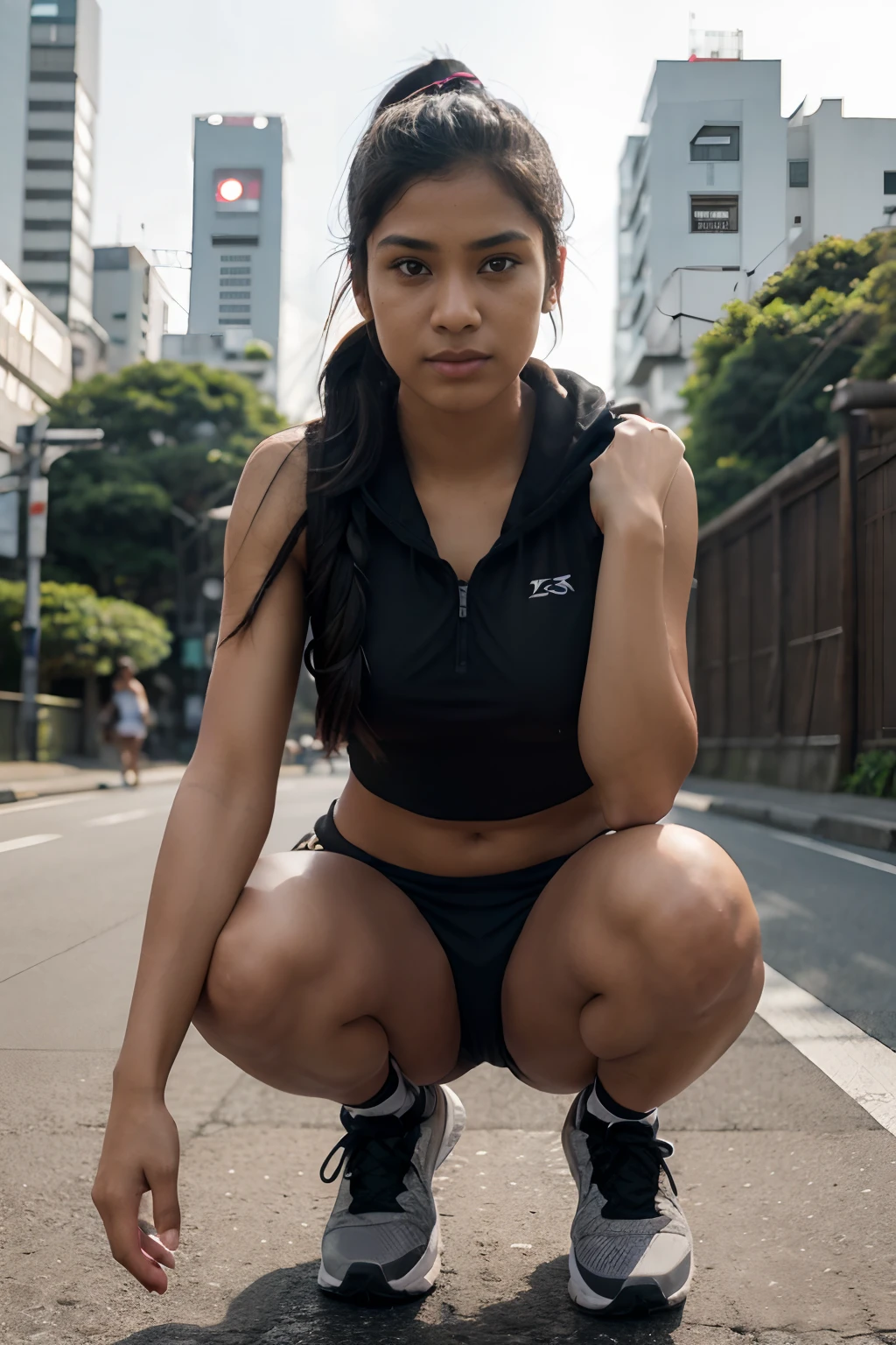 young, Sri Lankan, athletic female mercenary, small breasts, long black hair, (ponytail hairstyle), crouching pose, front facing, hoodie top, running shorts, running shoes, Tokyo city background, morning time, front facing, hard light, highly detailed, high resolution, detailed face, full body