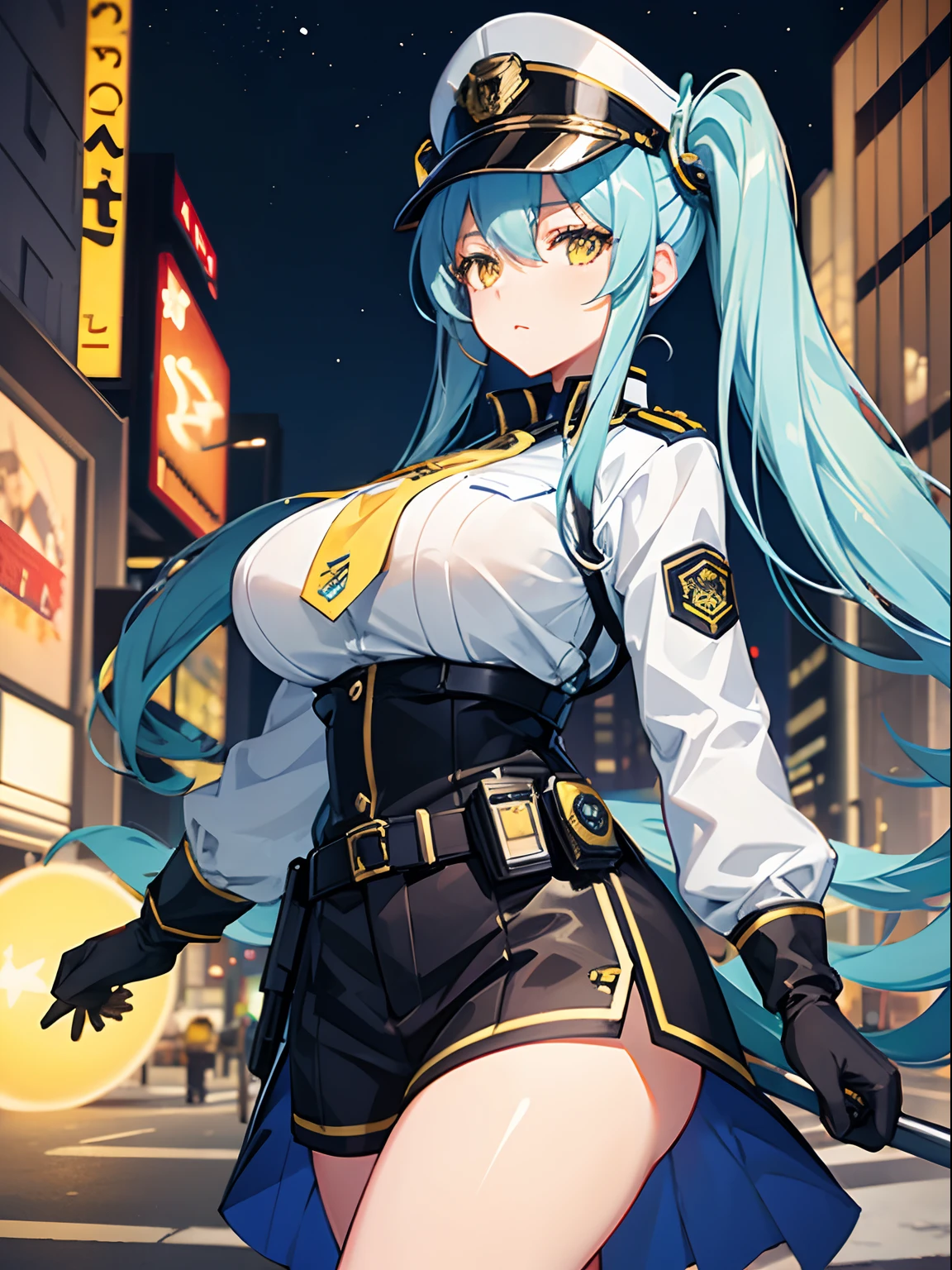 Long Hair, Twintail, Light Blue Hair, Yellow Eyes, Big Boobs, Tight Police Uniform, Nighttime, Holding A Helmet, Wearing Black Gloves