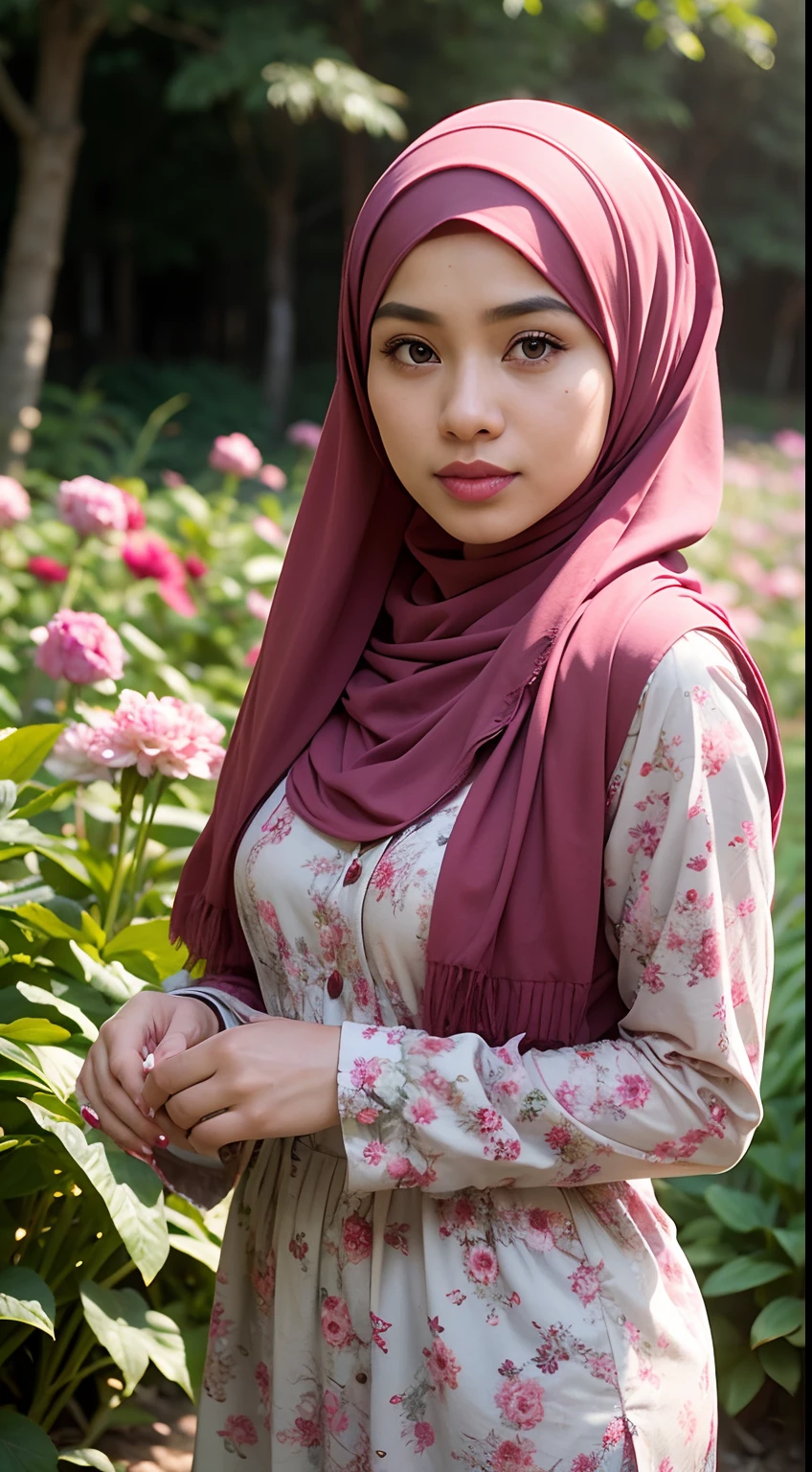 Photo of a young bookish Malay woman wearing a hijab walking in a flower garden, the woman wearing a pastel floral patterned baju baju baju baju, surrounded by a comfortable, cool atmosphere, looking at the viewer. (Skin details:1.3), hairy hands, Hijab, slim, red lips, seductive with bokeh camera background