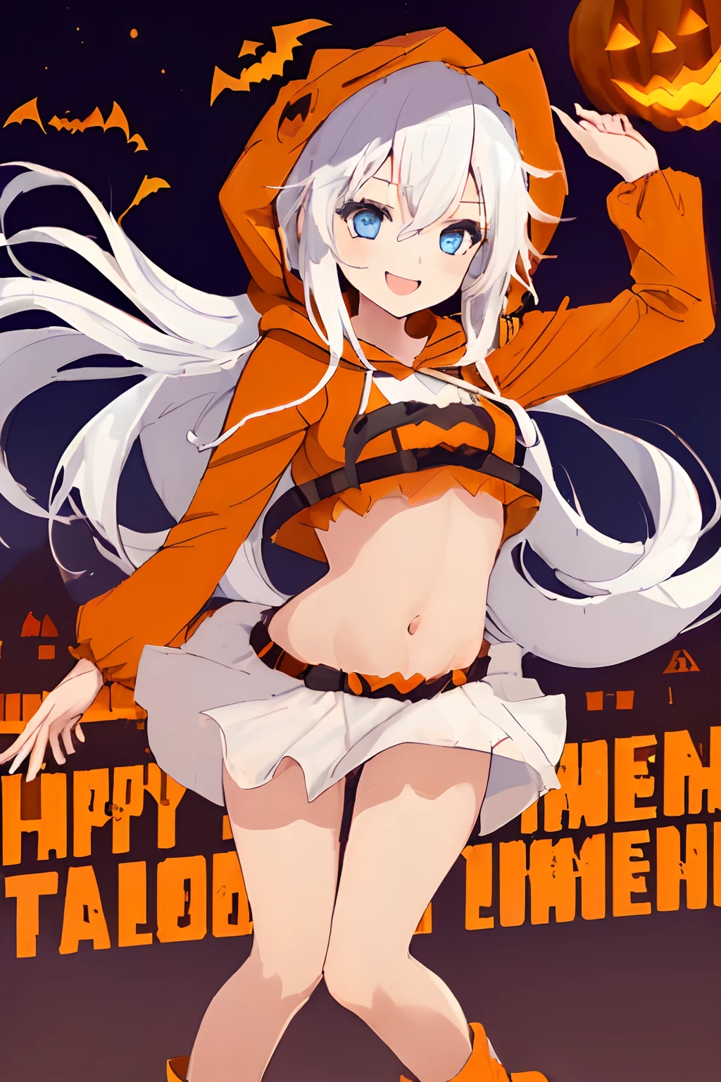((((1 girl)))), ((((solo)))), fullbody, ((((white hair)))), long hair, ((((blue eyes)))), happy, smile, 18 year old, dynamic angle,  (((wearing a pumpkin halloween costume))), loose parka, ((((hood up)))), (((midriff peek))),  mini skirt, standing in Halloween cosplay parade a night , in tokyo