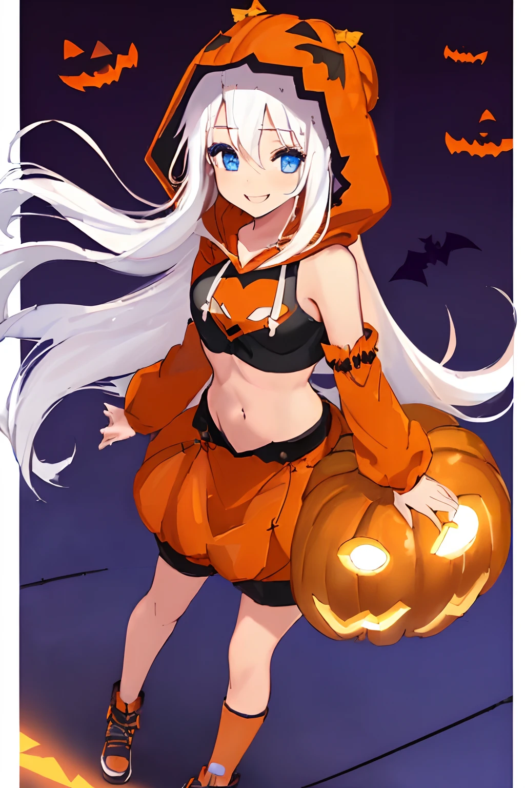 ((((1 girl)))), ((((solo)))), fullbody, ((((white hair)))), long hair, ((((blue eyes)))), happy, smile, 18 year old, dynamic angle, (((wearing a pumpkin halloween costume))), loose parka, ((((hood up)))), (((midriff peek))), mini skirt, standing in Halloween cosplay parade a night , in tokyo