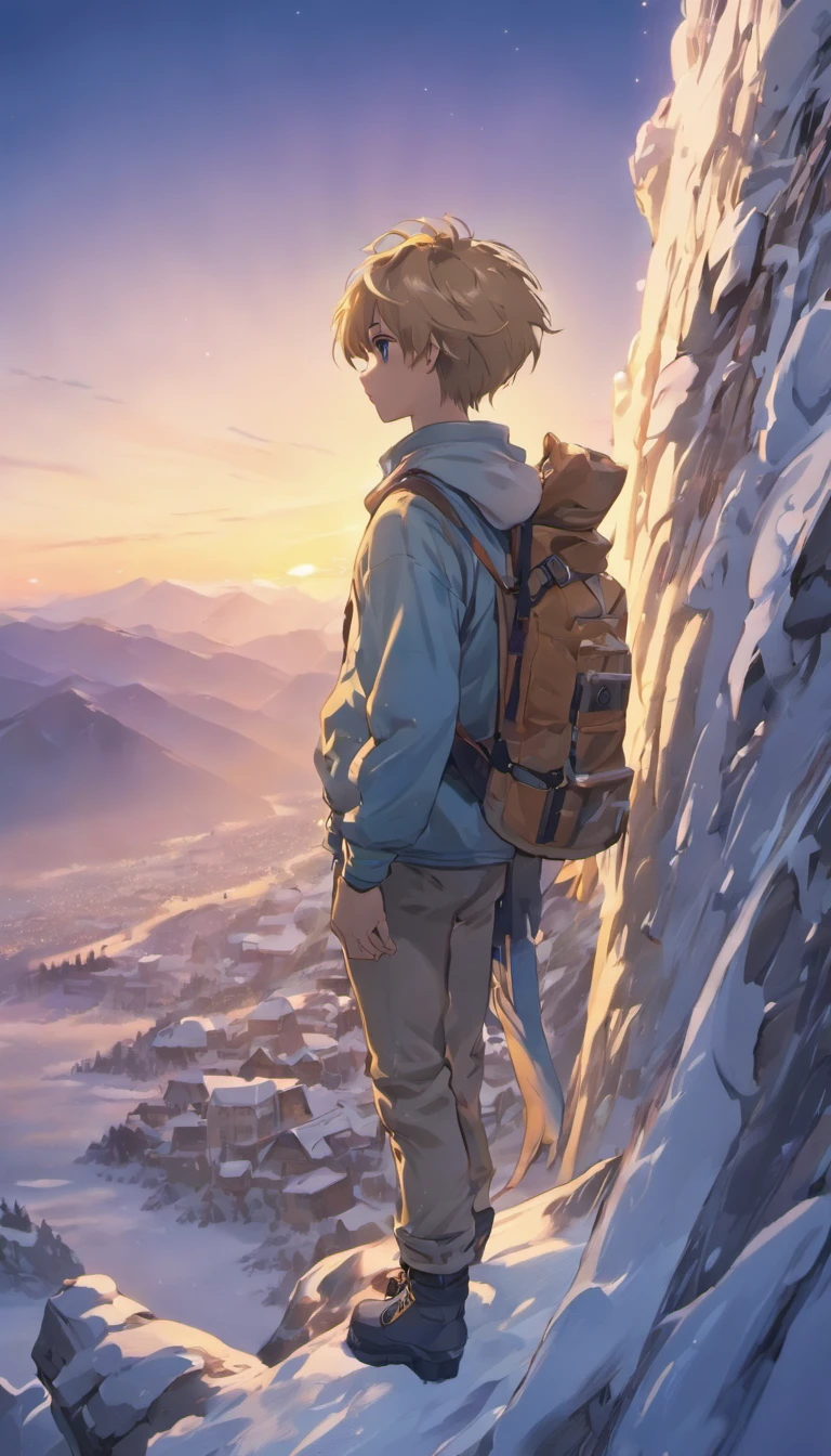 (((extreme realistic skin detail))) (masterpiece, highest quality), (realistic, photo_realistic:1.9), ((Photoshoot)) a young climber scaling a vertical mountain wall at dawn. In the background, majestic snow-covered mountains are visible. The framing of the photograph is medium, focusing on the young climber and part of the snowy mountain. The photograph will be taken using a medium format camera. The desired film simulation is 'Vintage Desaturated Style'. A standard lens will be used to achieve a natural and balanced perspective. Soft dawn light will illuminate the scene, highlighting its serenity. sharp focus, 8k, UHD, high quality, frowning, intricate detailed, highly detailed, hyper-realistic"