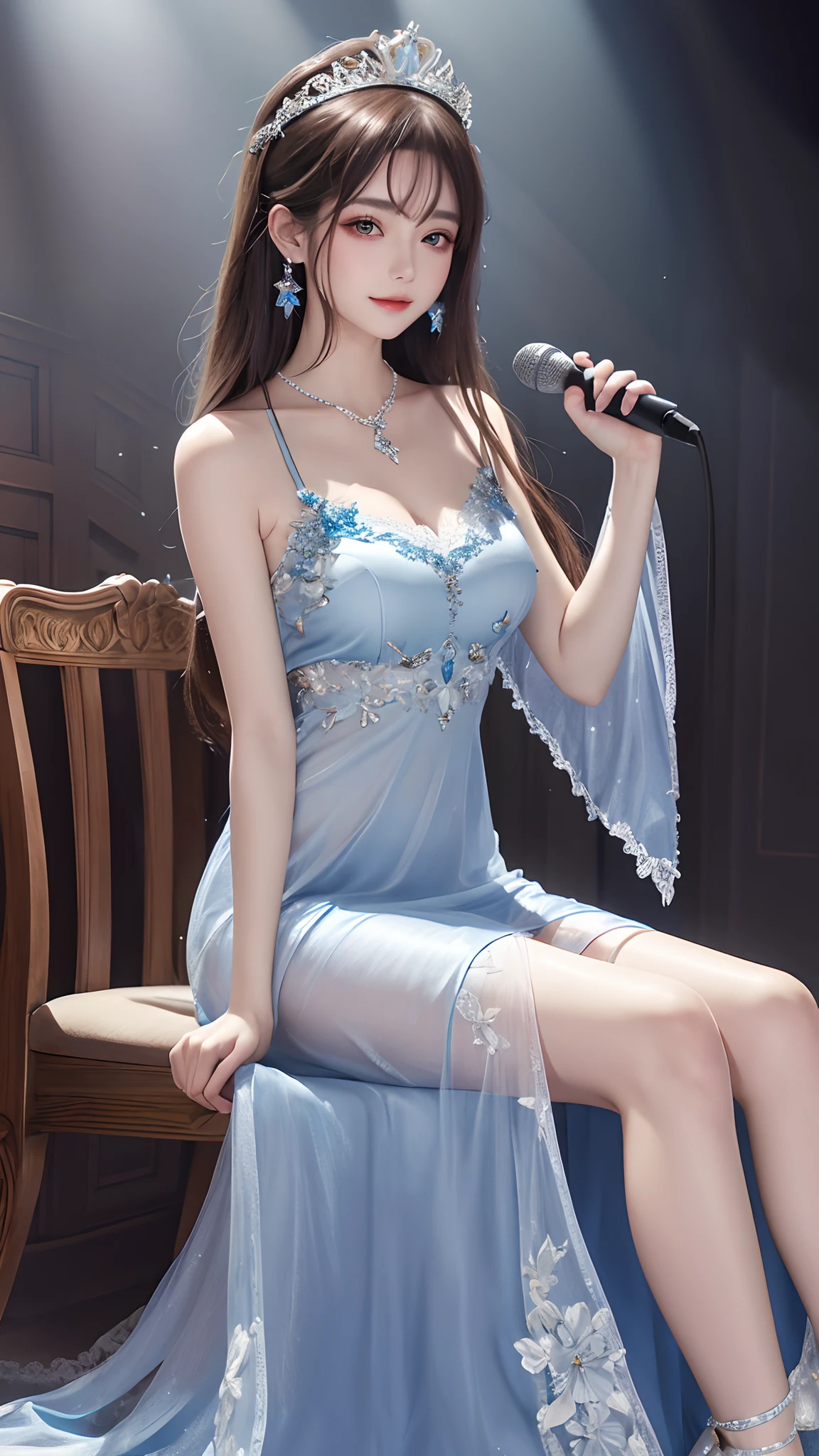 masterpiece, best quality, highres, long hair, tiara, hair ornament, hair flower, earrings, necklace, bare shoulders, bare waist:1.4, medium breasts, blue dress, strap dress, lace, blue gloves, (transparent dress:1), cowboy shot, stage, holding microphone, sitting,