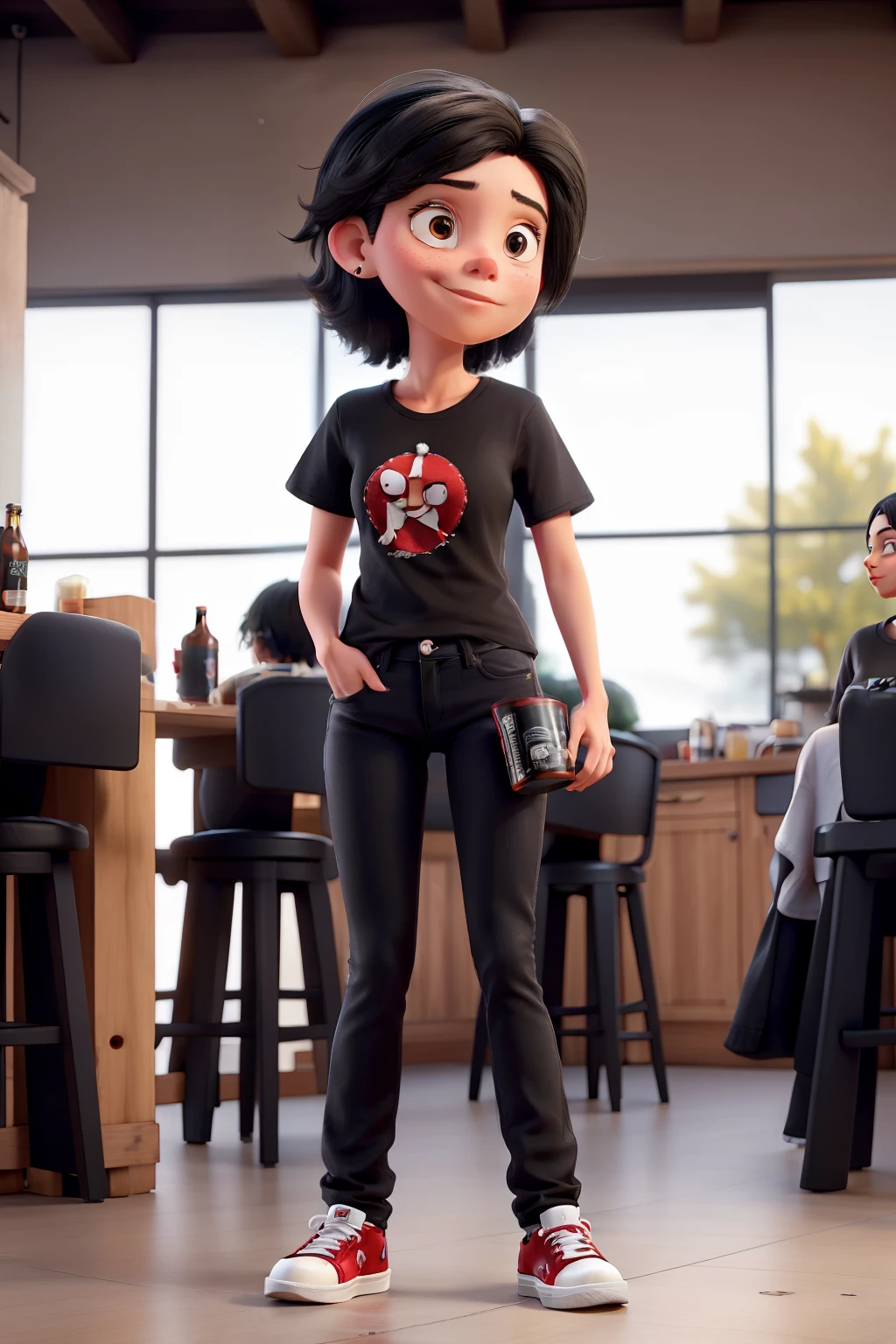 White woman young black hair wearing jeans and black t-shirt Red All Star Sneakers Drinking Beer