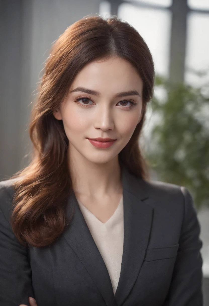 Cinematic portrait, desk , Smiling, Facing the audience, (reality :1.3), A woman looks at the camera, Put on an office career suit, Detailed beautiful face, Action shooting, office backdrop, The character is centered,Realistic photos, Art Station(C-cup breasts:1.0),Black suit,(cleavage 1.2),Wavy hair,cinmatic lighting:1.2, 8K, High-density imaging,Master masterpieces