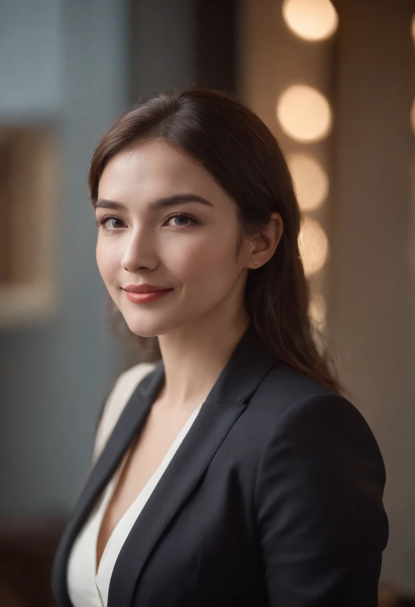 Cinematic portrait , Smiling, Facing the audience, (reality :1.3), A woman looks at the camera, Put on an office career suit, Detailed beautiful face, Action shooting, office backdrop, The character is centered，Realistic photos, Art Station Film Lighting:1.2， 8K, High-density imaging，Master masterpieces
