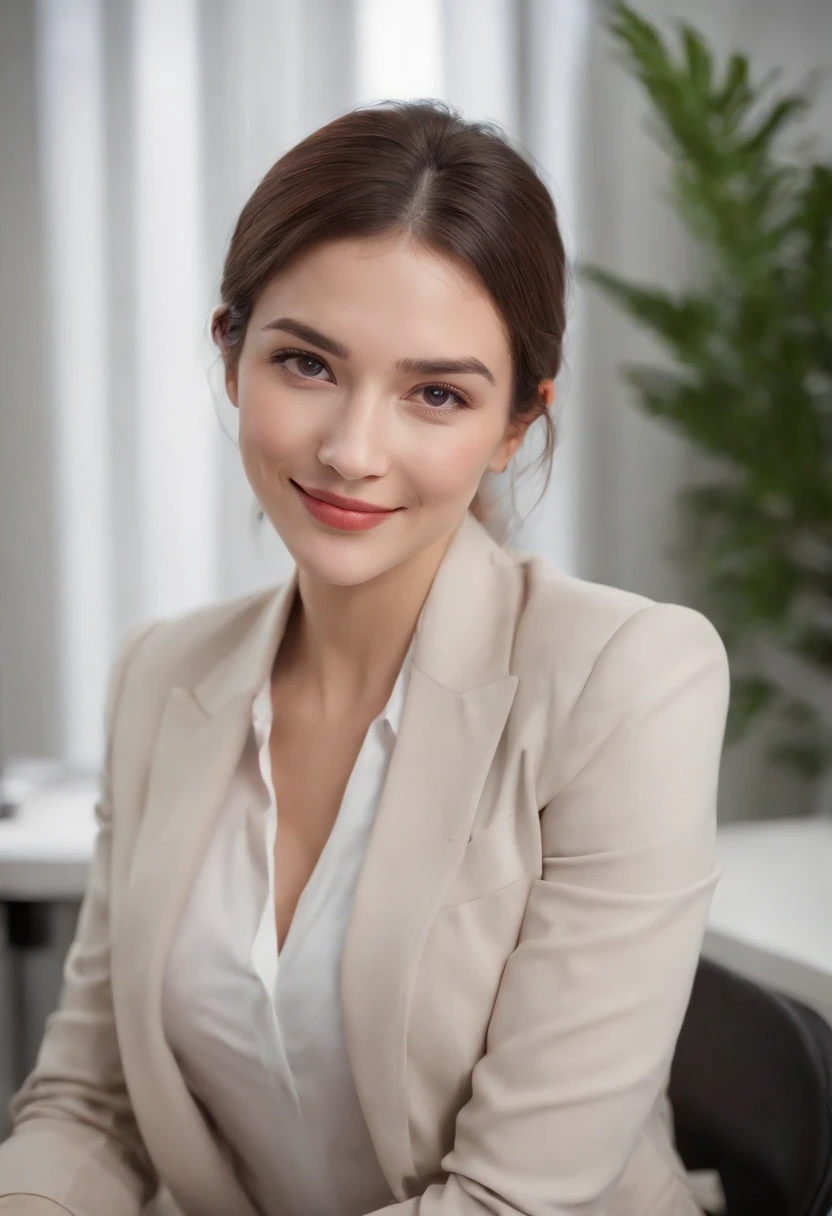 Cinematic portrait , Smiling, Facing the audience, (reality :1.3), A woman looks at the camera, Put on an office career suit, Detailed beautiful face, Action shooting, office backdrop, The character is centered，Realistic photos, Art Station Film Lighting:1.2， 8K, High-density imaging，Master masterpieces