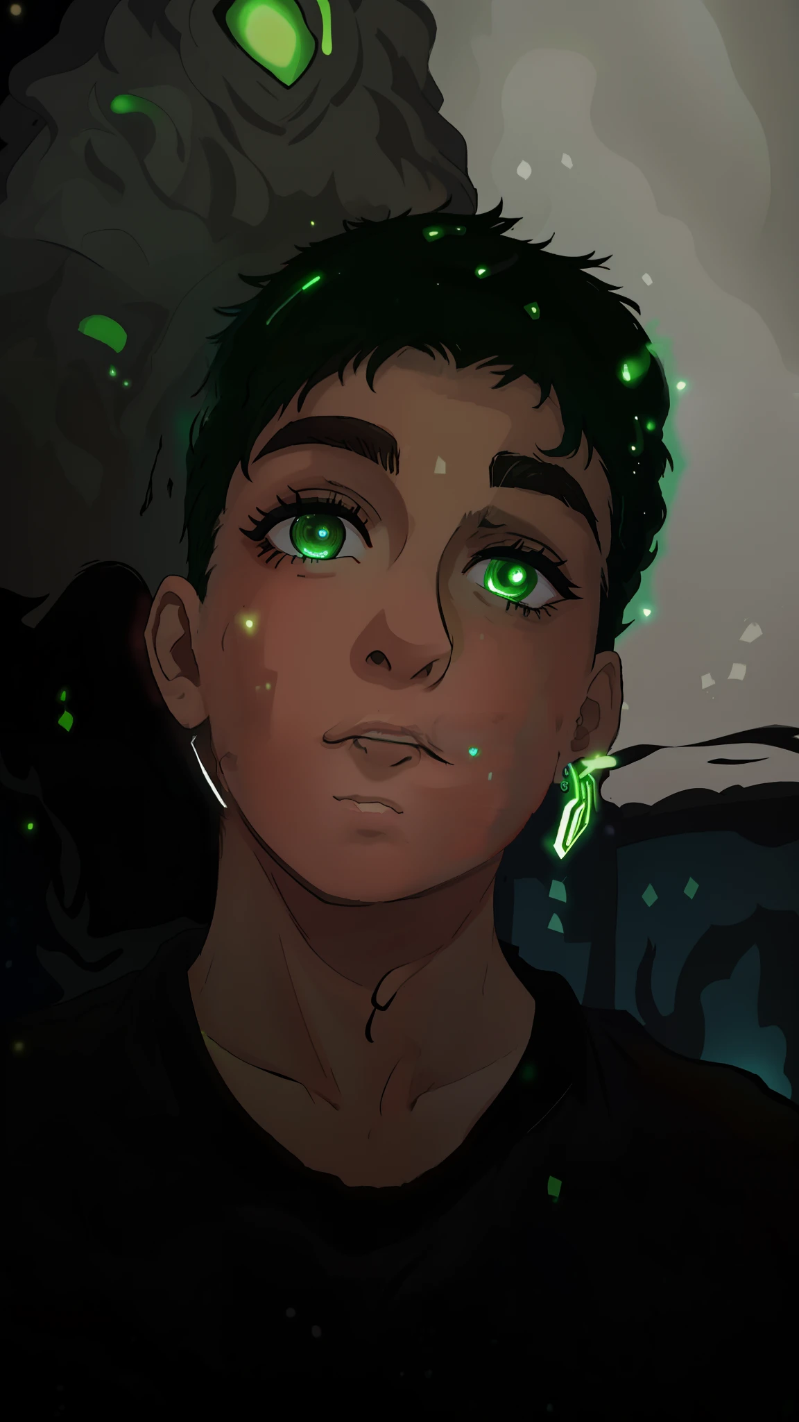 there is a man with a green haircut and a black shirt, piercing glowing eyes, perfectly lit face, huge earrings and queer make up, very very low quality picture, 18 years old, (((((((no glow))))))), with accurate face, face is brightly lit, he has a glow coming from him, with glowing eyes, (((low light)))