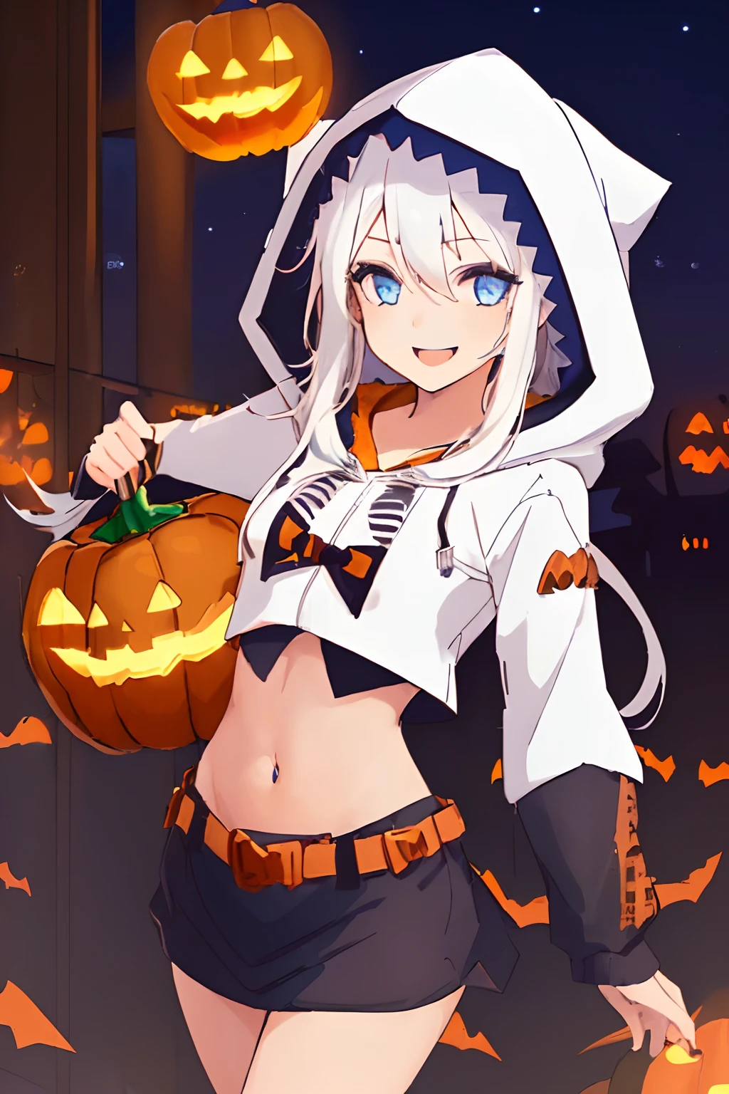 ((((1 girl)))), ((((solo)))), fullbody, ((((white hair)))), long hair, ((((blue eyes)))), happy, smile, 18 year old, dynamic angle,  (((wearing a pumpkin halloween costume))), loose parka, ((((hood up)))), (((midriff peek))),  mini skirt, standing in Halloween cosplay parade a night , in tokyo