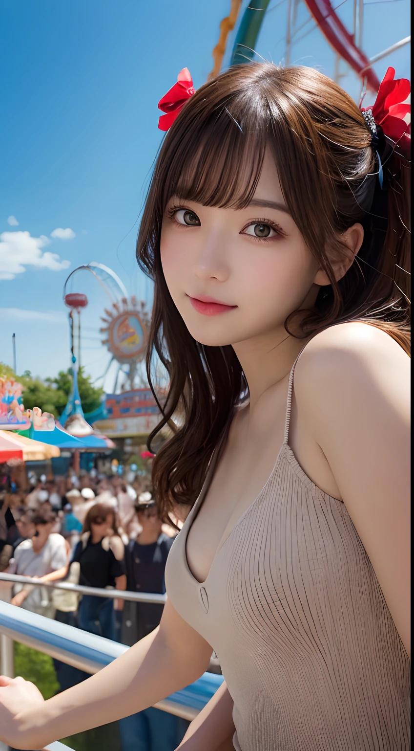 masutepiece, Best Quality, Illustration, Ultra-detailed, finely detail, hight resolution, 8K Wallpaper, Perfect dynamic composition, Beautiful detailed eyes, An amusement park，1人の女性