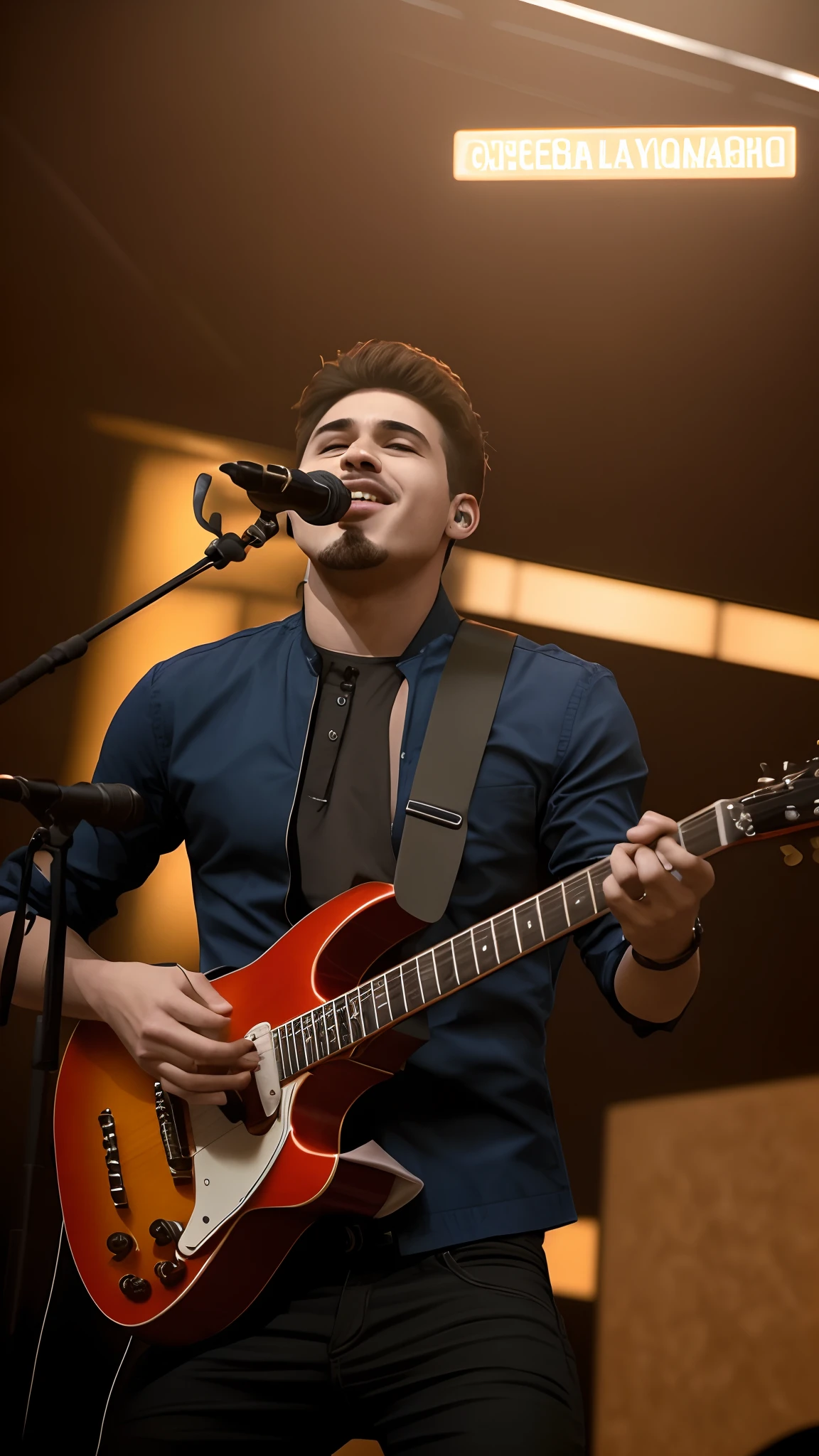 Un hombre estilo Disney pixar, alta qualidade, melhor qualidade, Who plays a guitar and sings into a microphone, Tocar la guitarrara en el escenario, performing on stage, live performance, Realizar, sobre un fondo oscuro, Hombre tocando la guitarrara, Ed O'Brien (guitarra), concert footage, rocking out, en el escenario, 2 0 1 5 Video musical en vivo, Jason Scheier, Solo de guitarrara, Joel Torres, en un escenario