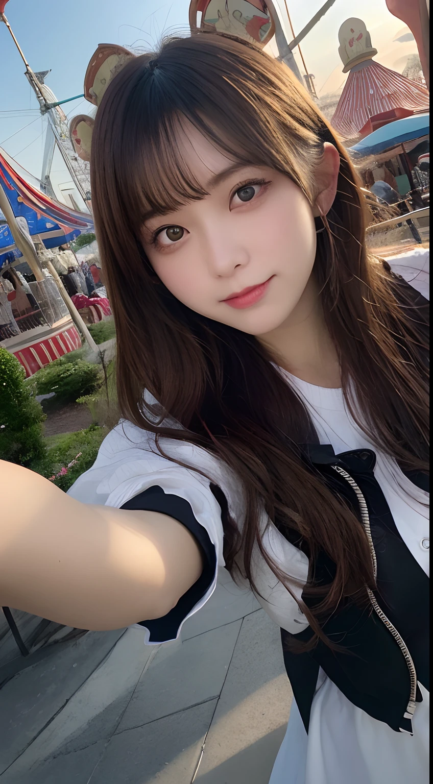masutepiece, Best Quality, Illustration, Ultra-detailed, finely detail, hight resolution, 8K Wallpaper, Perfect dynamic composition, Beautiful detailed eyes, An amusement park,1人の女性
