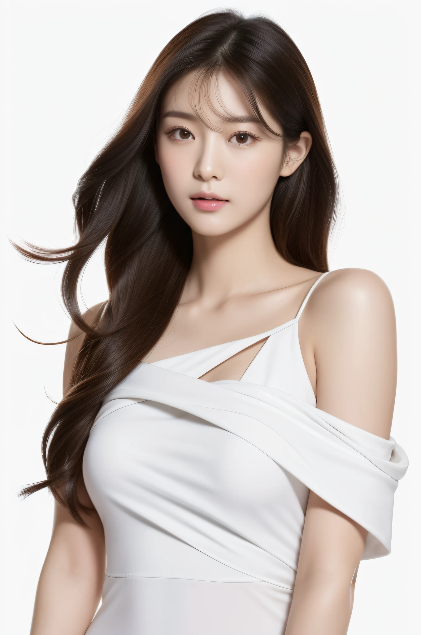 Realistic photo of 1 cute Korean star, Medium hair, Meticulous hair, White skin, thin makeup,,wearing white outfit, Close-up portrait, hyper HD,frontage,Forehead exposed,Full forehead,Don't obscure the character,Model the face,with light glowing,Face the camera head-on,,Youth and beauty,Do not cover your body,The upper part of the body,pale robe,White dress,