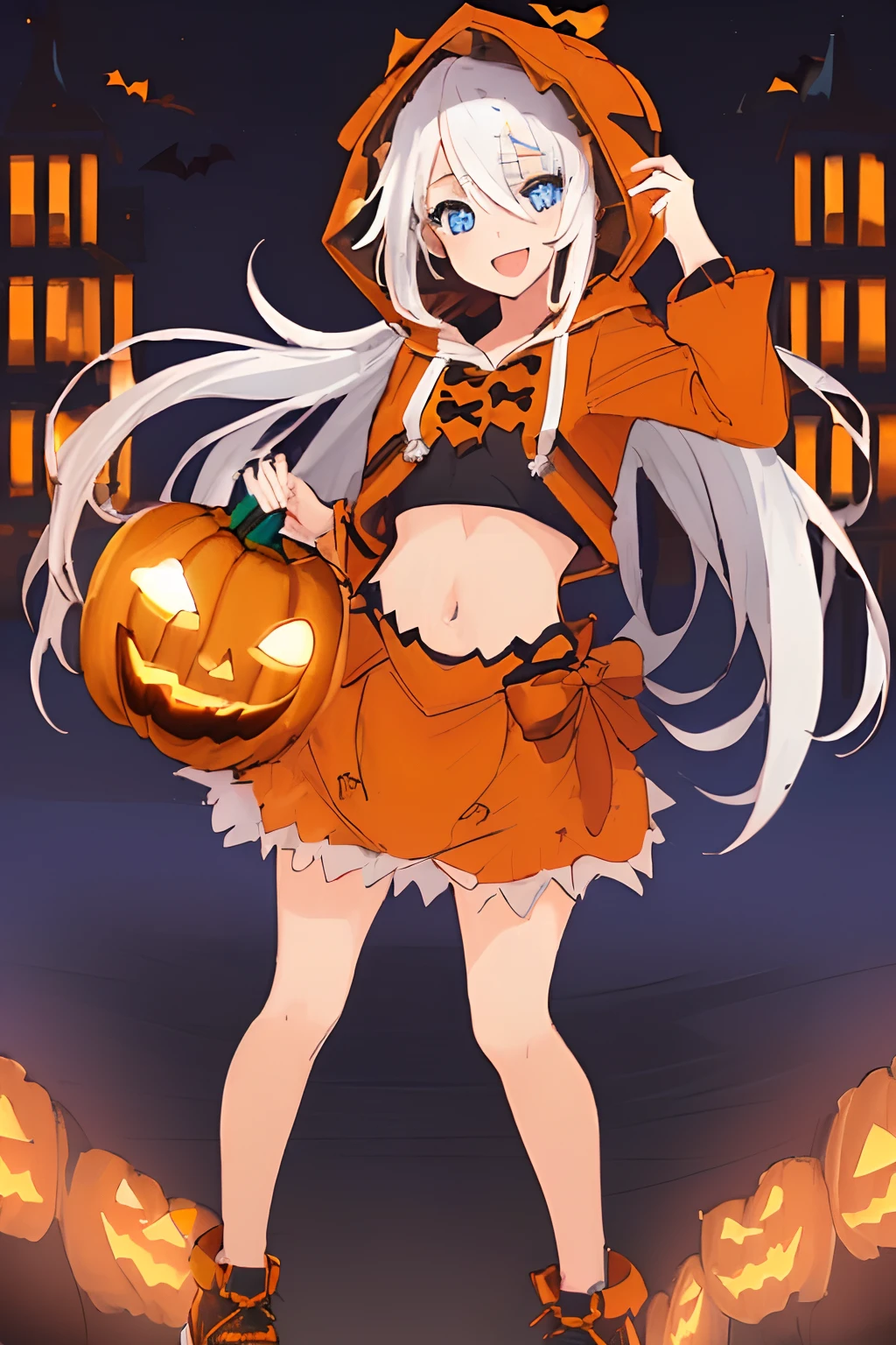 ((((1 girl)))), ((((solo)))), fullbody, ((((white hair)))), long hair, ((((blue eyes)))), happy, smile, 18 year old, dynamic angle,  (((wearing a pumpkin halloween costume))), loose parka, ((((hood up)))), (((midriff peek))),  mini skirt, standing in Halloween cosplay parade a night , in tokyo