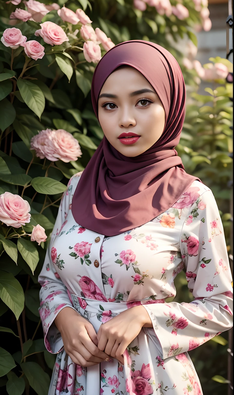 Portrait photography of a beautiful young malay girl in hijab wearing Square Neck Bow Front Floral Jacquard Dress , big breast, catwalk, morningtime, Photo of a young bookish Malay woman wearing a hijab walking in a flower garden, big breast, the woman wearing a pastel floral patterned , surrounded by a comfortable, cool atmosphere, looking at the viewer. (Skin details:1.3), hairy hands, Hijab, slim, red lips, seductive with bokeh camera background