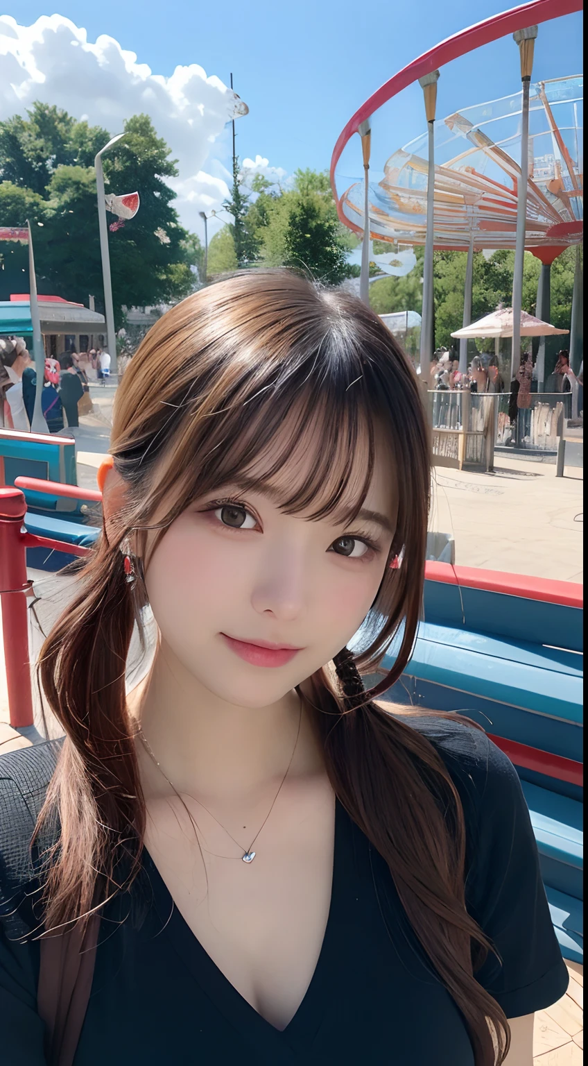 masutepiece, Best Quality, Illustration, Ultra-detailed, finely detail, hight resolution, 8K Wallpaper, Perfect dynamic composition, Beautiful detailed eyes, An amusement park，1人の女性